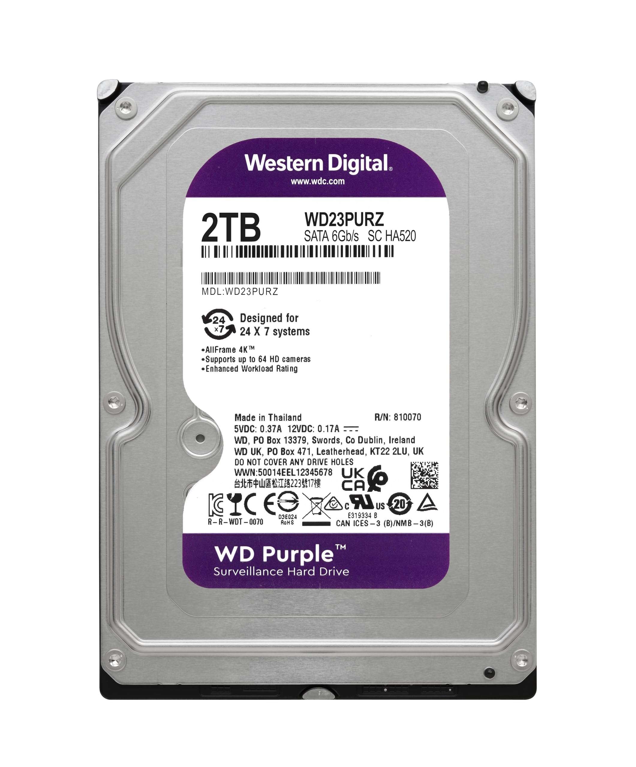 Western Digital 2TB WD Purple Surveillance Internal Hard Drive HDD - SATA 6 Gb/s, 64 MB Cache, 3.5" - WD23PURZ 3