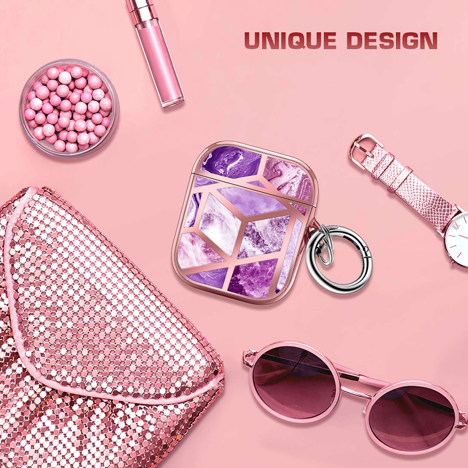 Maxjoy for Airpods Case Marble Cute Marble Airpod Case with Carabiner Protective Hard Case Skin Cover for Apple Airpods 2 Wireless Charging Case [Front Led Visible] (Deep Purple) 5