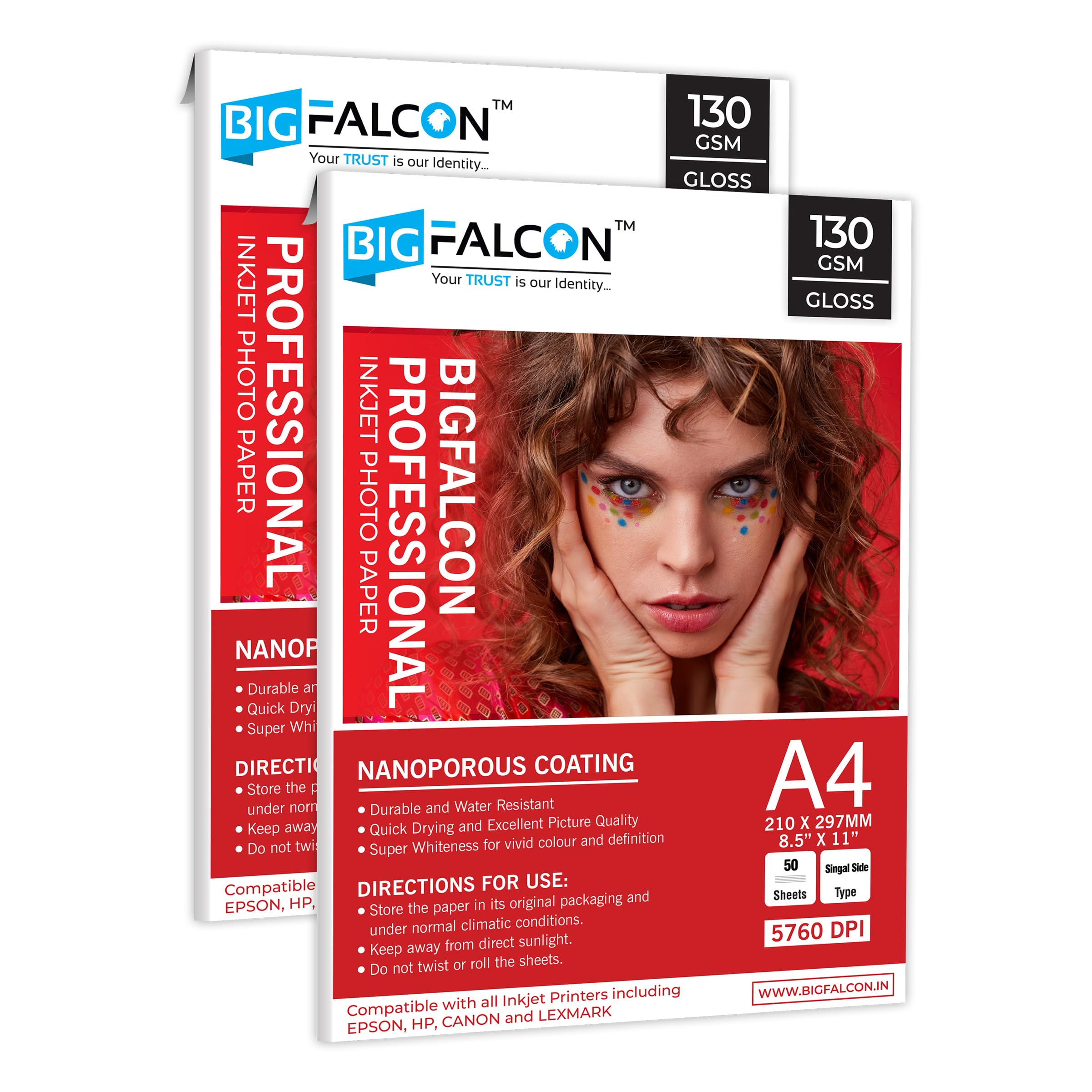 BIGFALCON Professional 130 GSM A4 Size (8.5x11 inch) Glossy Cast Coated Inkjet Photo Paper 100 Sheets for all Inkjet Printer
