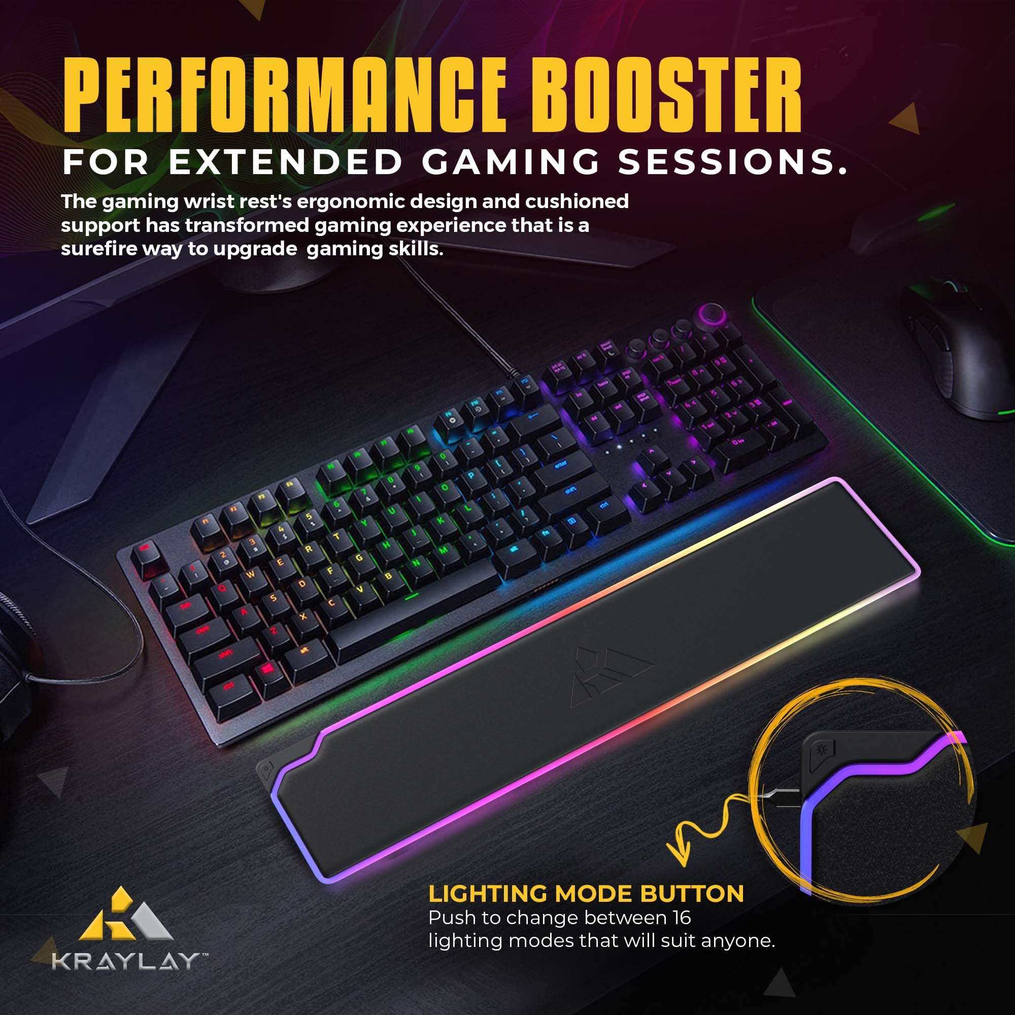 Kraylay RGB Backlit Gaming Wrist Rest | RGB Wrist Support for Keyboard | Keyboard Wrist Rest with 14 Color Modes | 17x4x1 Inches Wrist Pad for Keyboard | Wrist Rest for Computer, Laptop, | Black 4
