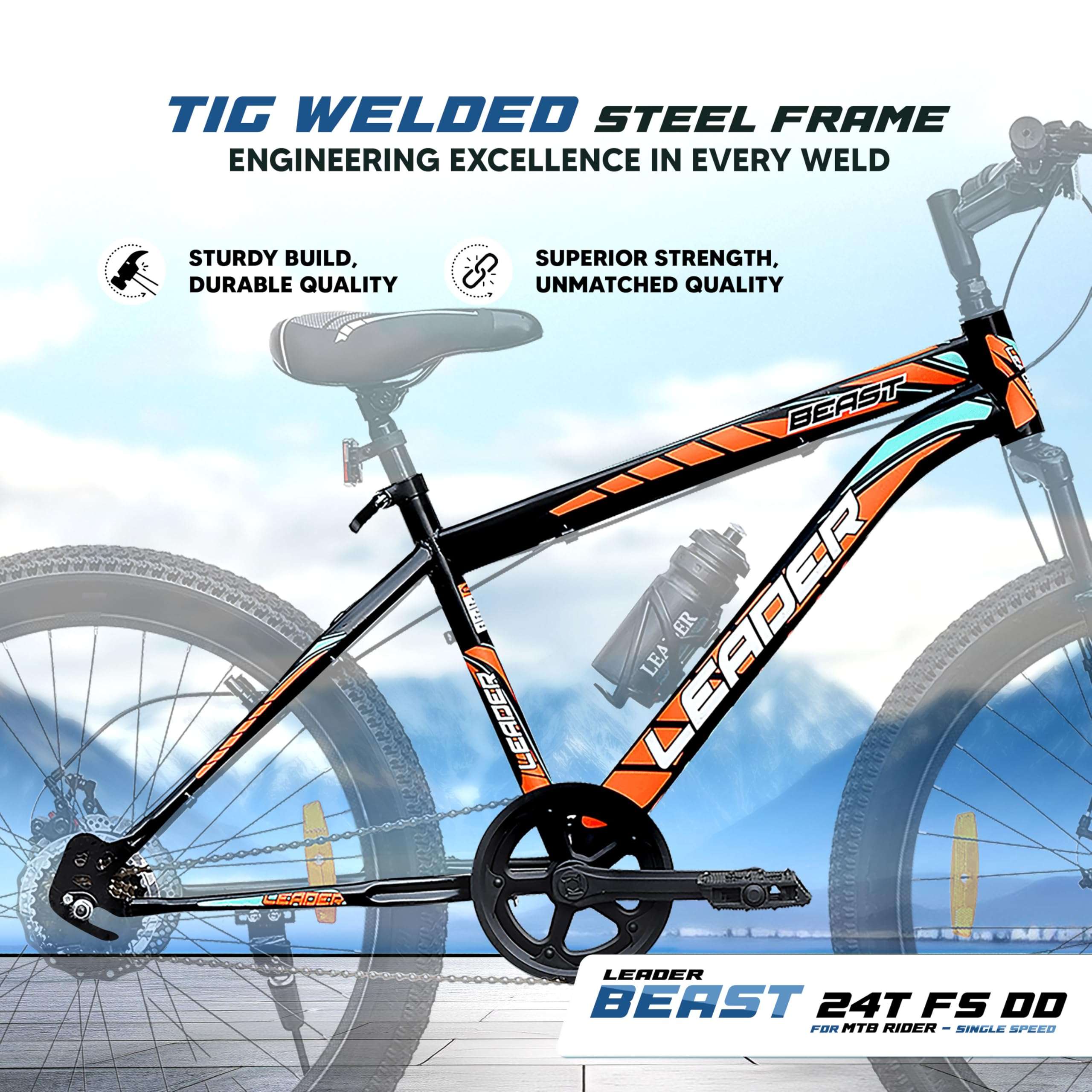 Leader Beast 24T Kids MTB Cycle | Kids Cycle with Sturdy 16 Inch Frame | Without Gear Bicycle with Front Suspension & Dual Disc Brakes | Ideal for 9-13 Years (Black/Orange) 5