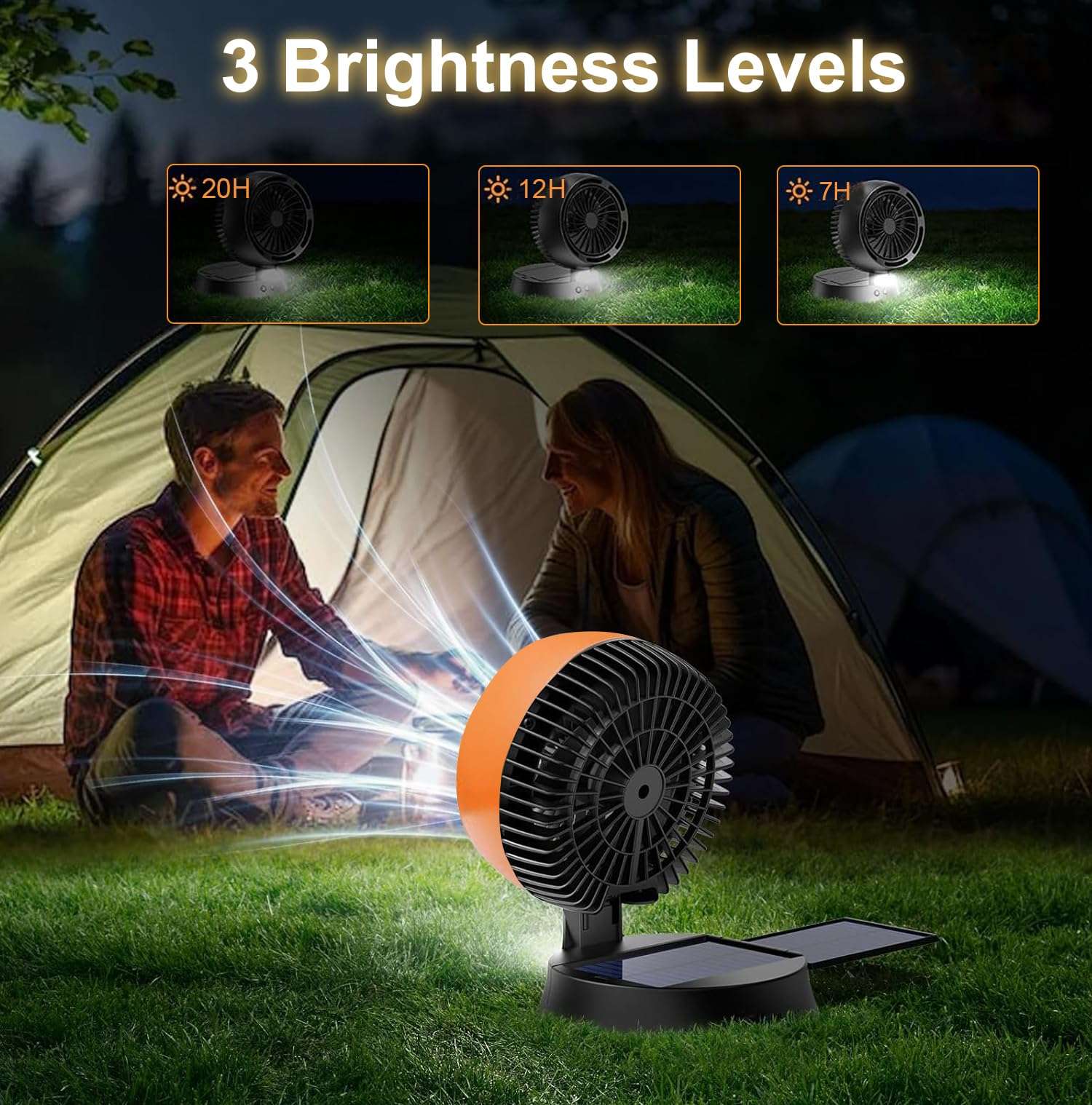 Solar Powered Fan with Lights, Portable Solar Camping Fan Rechargeable Battery Powered, 4 Speeds Quiet Detachable Panel Camping Essentials for Office Outside Tent Travel BBQ Fishing Hurricane Outages 5