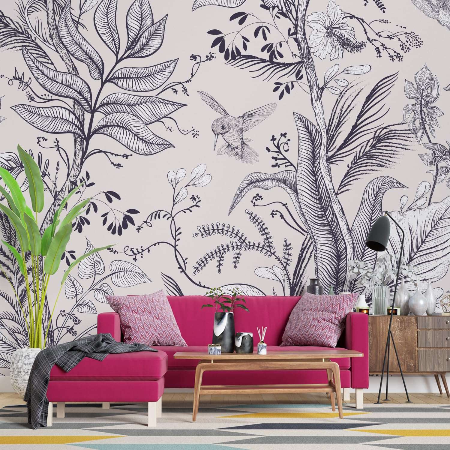 PAPER PLANE DESIGN Birds and Flower Excusite Tropical Leaves and Nature Wall Mural Wallpaper. Full Wall Coverage. (Ds-8) (12 X 15 FEET, Canvas Texture - Non Adhesive) 3