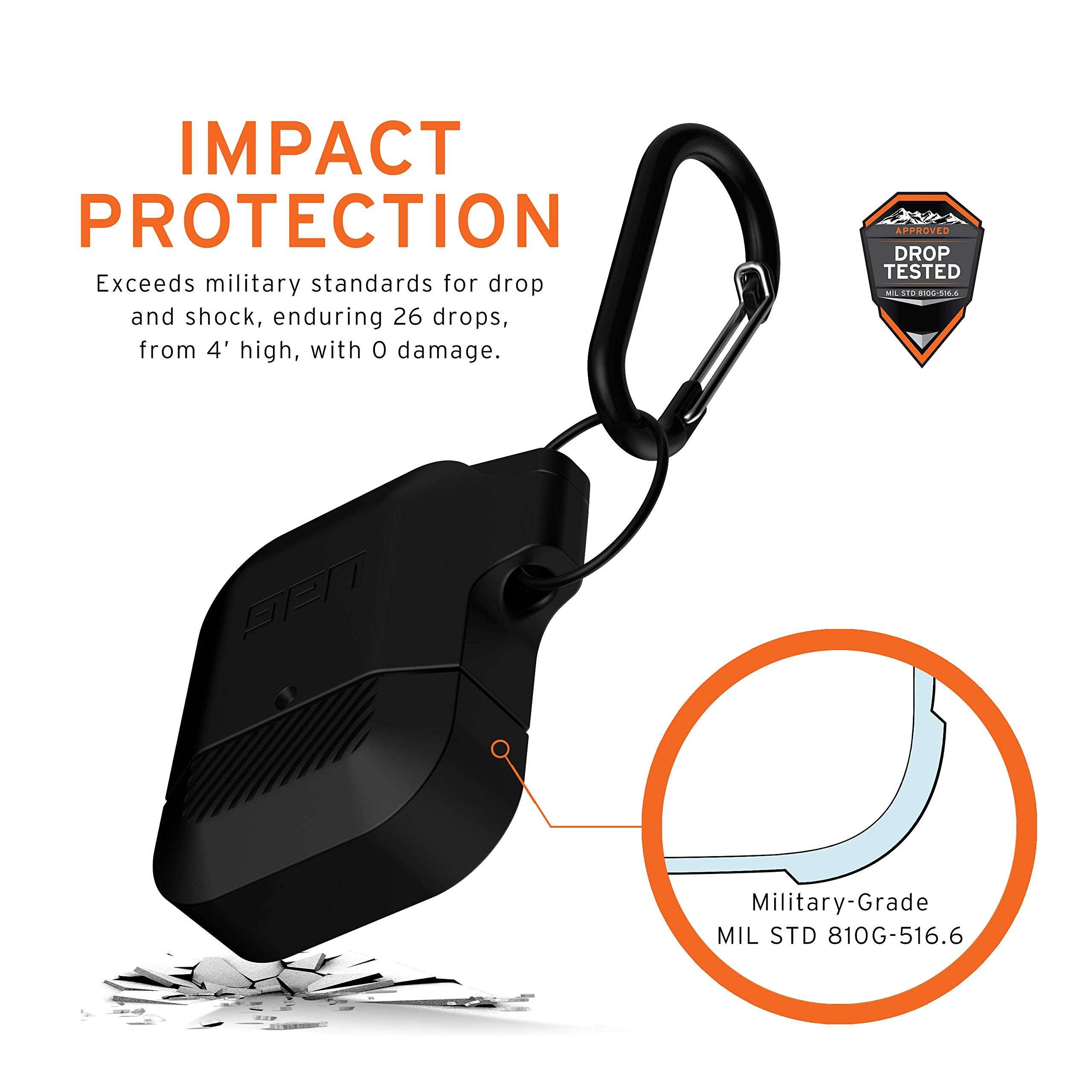 URBAN ARMOR GEAR UAG Compatible with AirPods (1st Gen & 2nd Gen), Full-Body Protective Rugged Water Resistant Soft-Touch Silicone Case with Detachable Carabiner, Black/Black 3