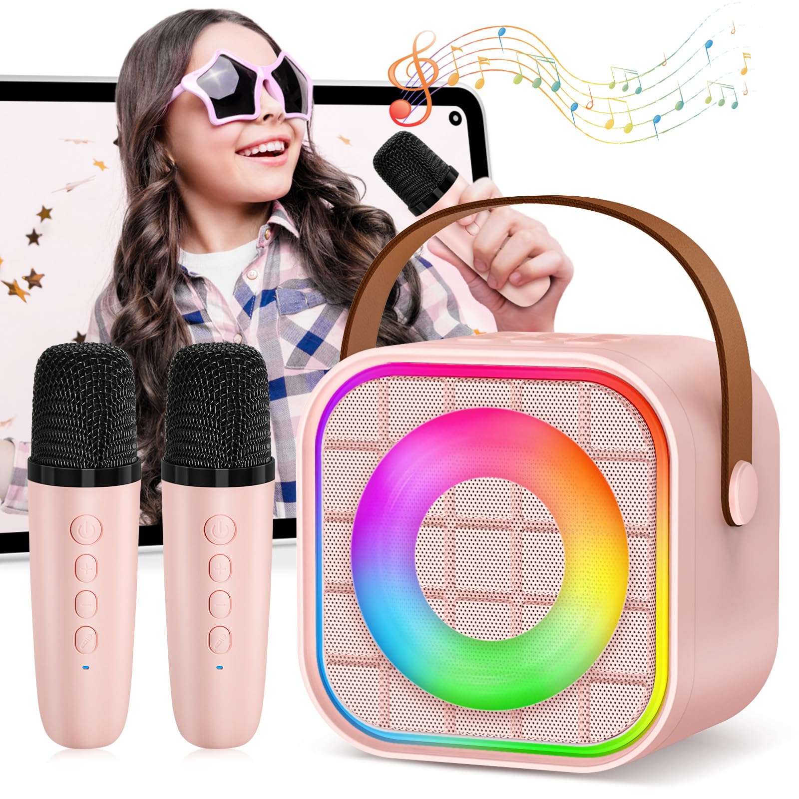 YLYYCC Mini Karaoke Machine with 2 Wireless Microphone, Portable Pink Bluetooth Speaker for Kids Adult, Birthday Teen Toys Gifts Ideas for Girls Ages 4 5 6 7 8 9 10 11 12+ Year Old, Family Home Party