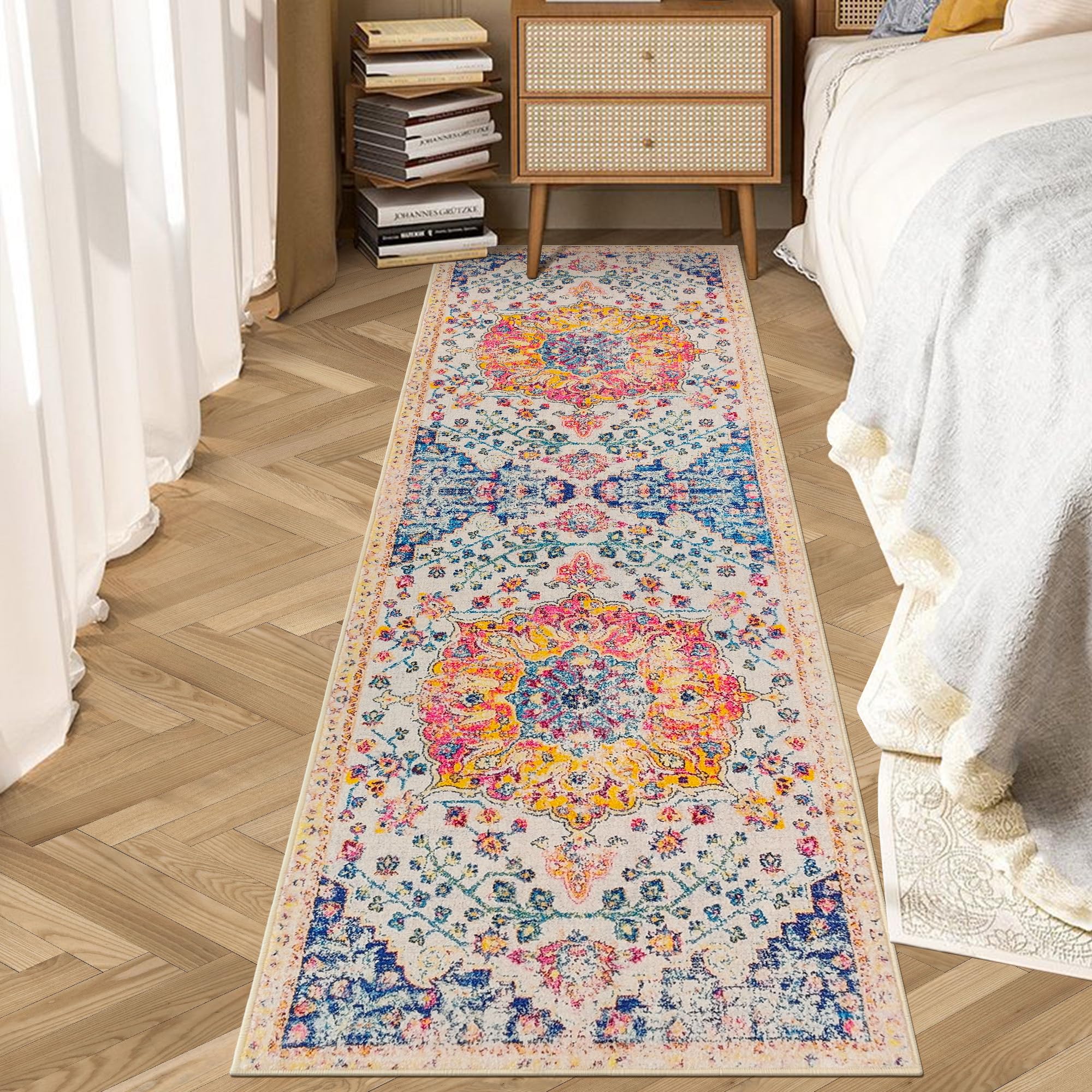Boho Washable Runner Rug 2x6 Persian Kitchen Mat Rubber Backed Throw Rugs Low Pile Iranian Rug Runners for Hallways 6ft Non Slip Bedroom Laundry Rug