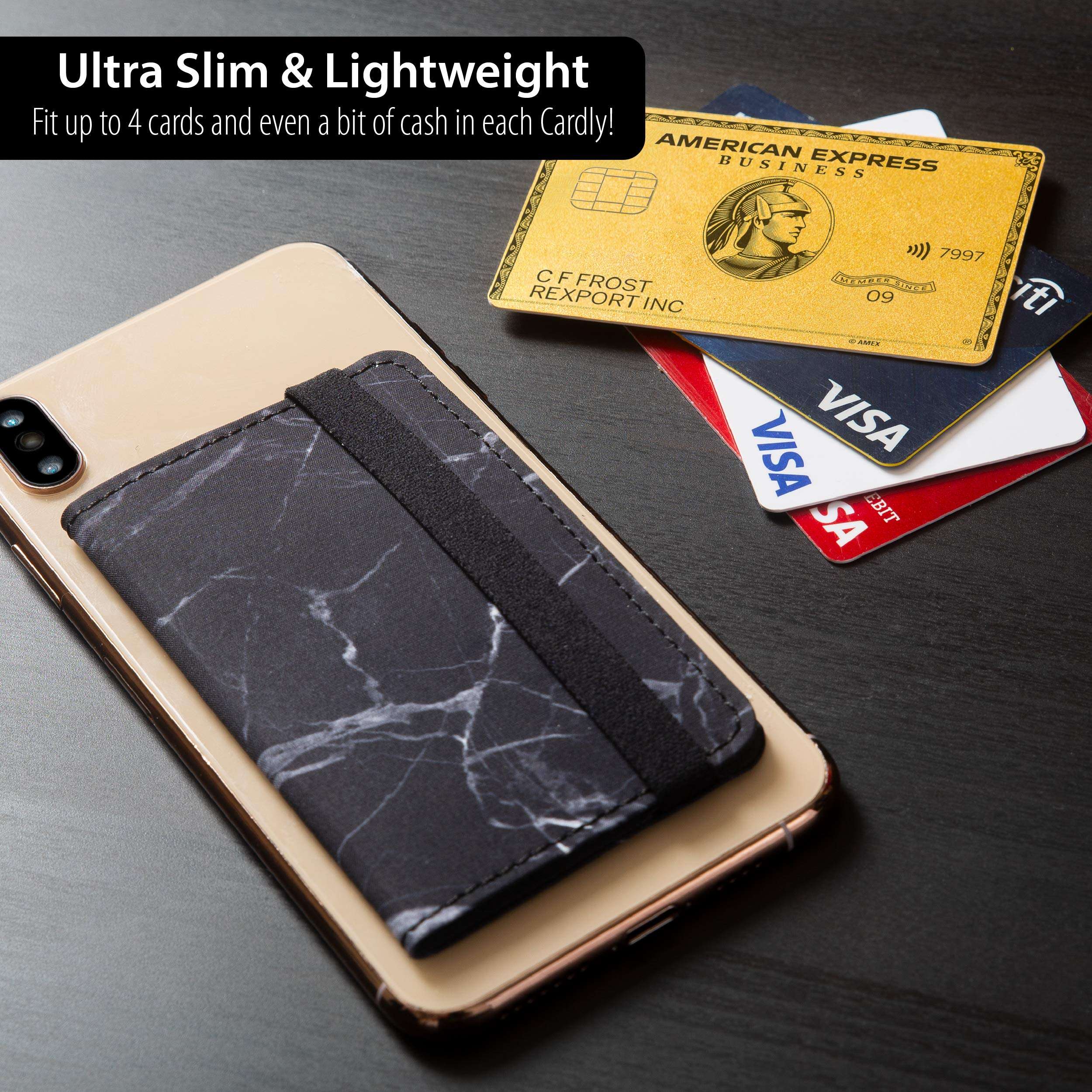 Cell Phone Card Holder Stick on Wallet Phone Pocket for iPhone, Android and All Smartphones with Strap (Black Marble Belt) 5