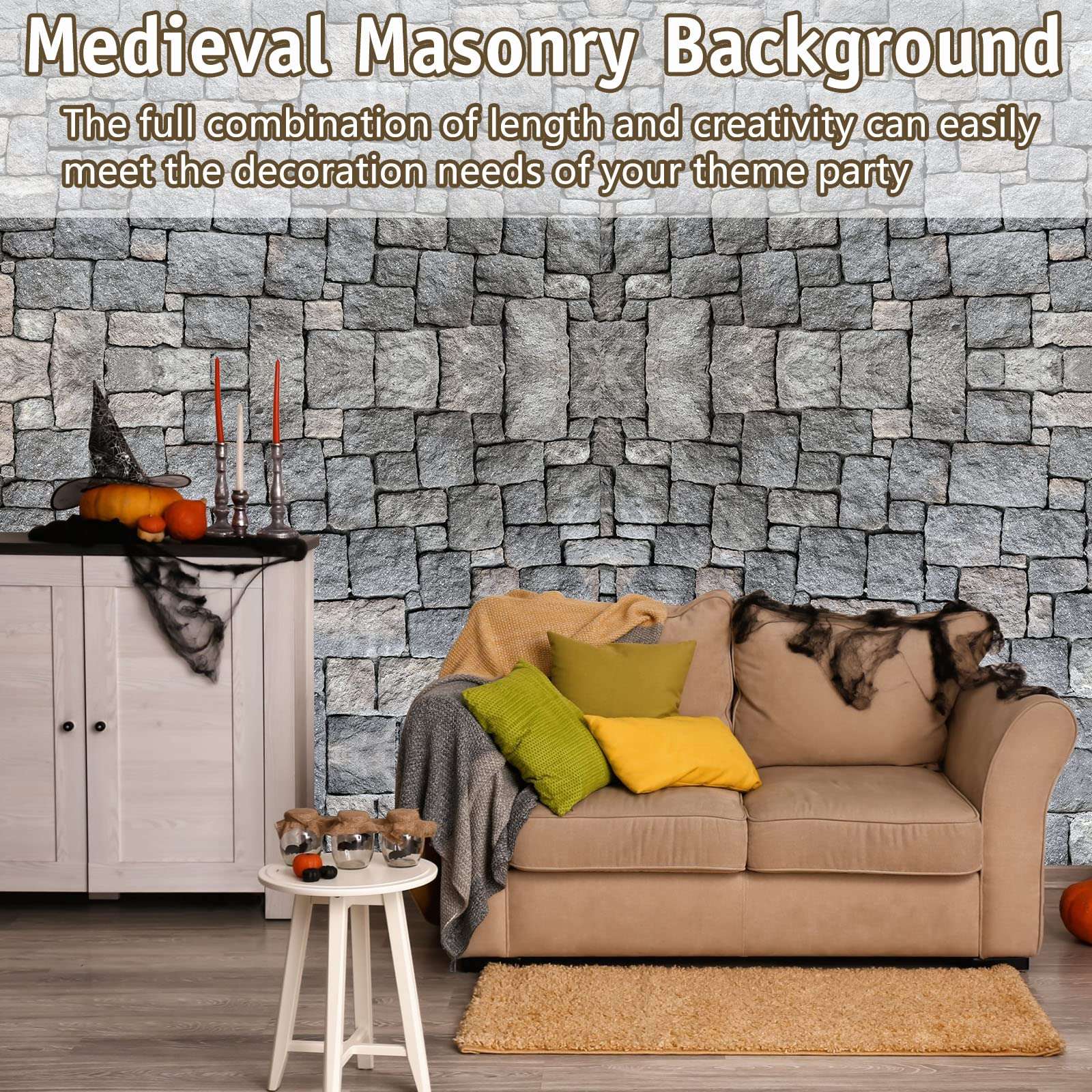 164 ft Brick Wall Backdrop Stone Wall Scene Setter Medieval Castle Wallpaper Curtains Door Cobblestone Tablecloth Photo for Halloween Wallpaper Medieval Party Decor Castle Knight Themed Party Supplies 6