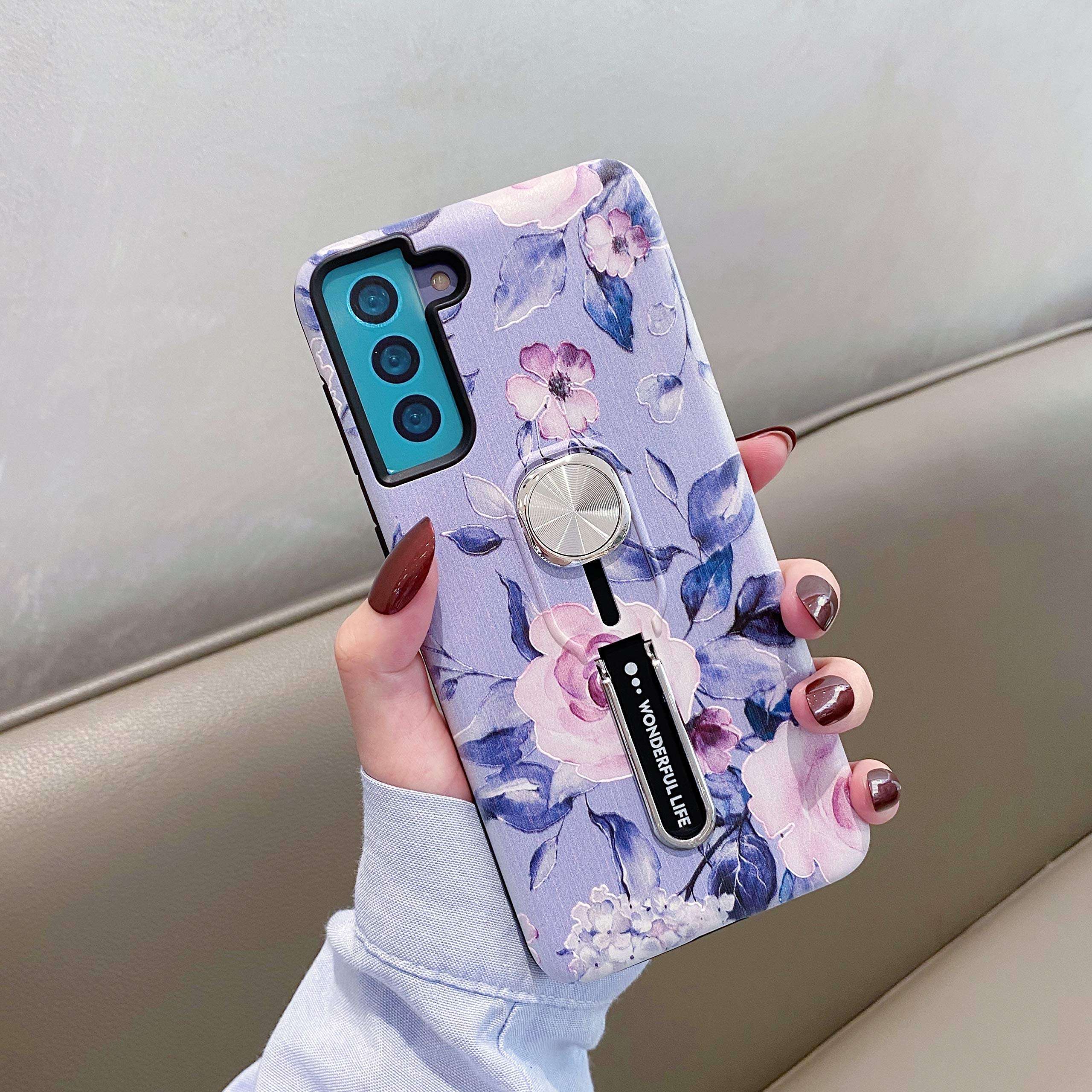 Hosgor Samsung Galaxy S21 5G Case for Girls, Floral Print Kickstand Finger Grip Design Rugged Shockproof Slim Soft TPU + PC Dual Layer Ring Strap Cover for Galaxy S21-6.2 inch(Blue) 2