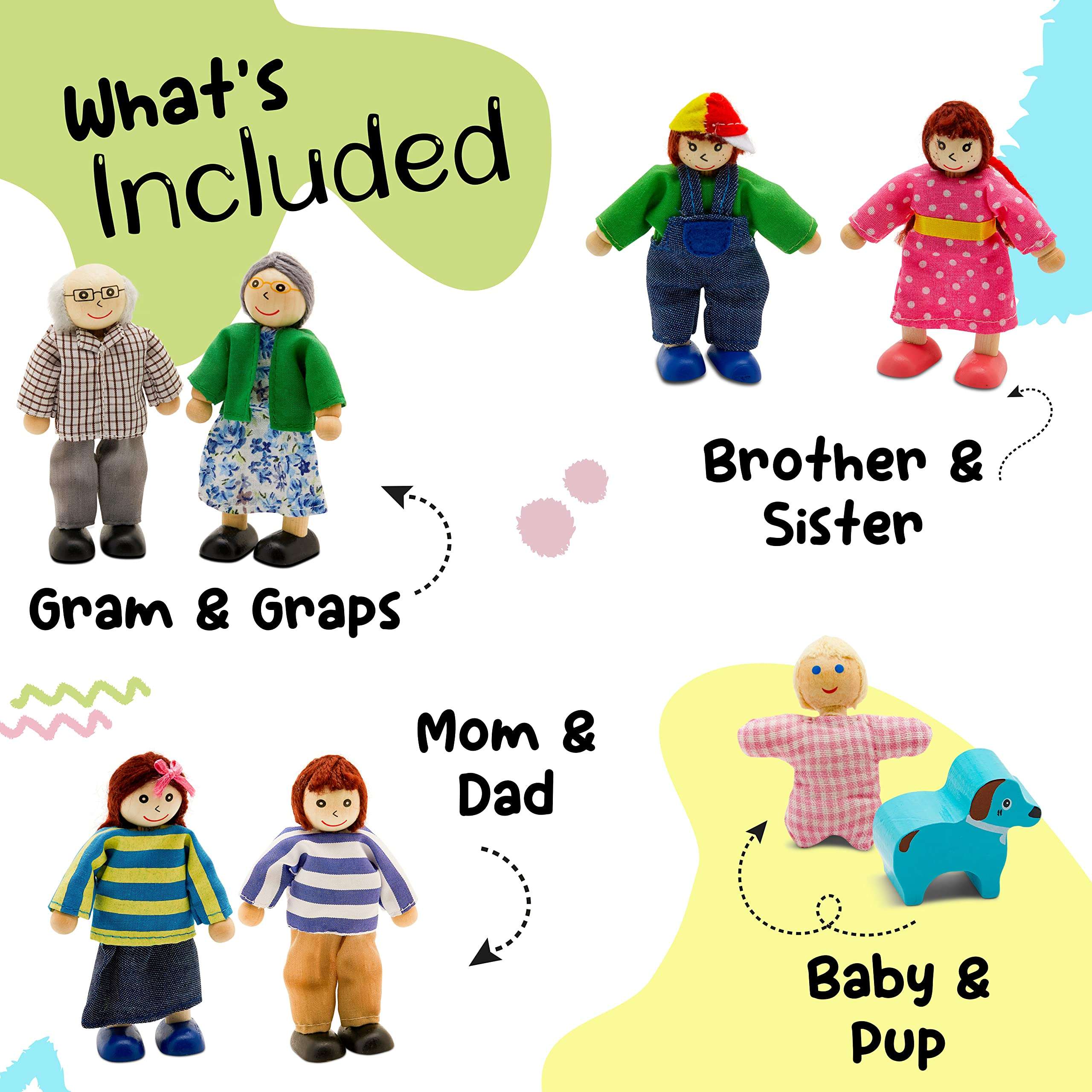 Wooden Dollhouse Family Set - 8 Piece Kit with Mom, Dad, Grandparents, Children, Baby and Dog – 100% Natural Wood, Nontoxic Paint, Smooth Edges 2