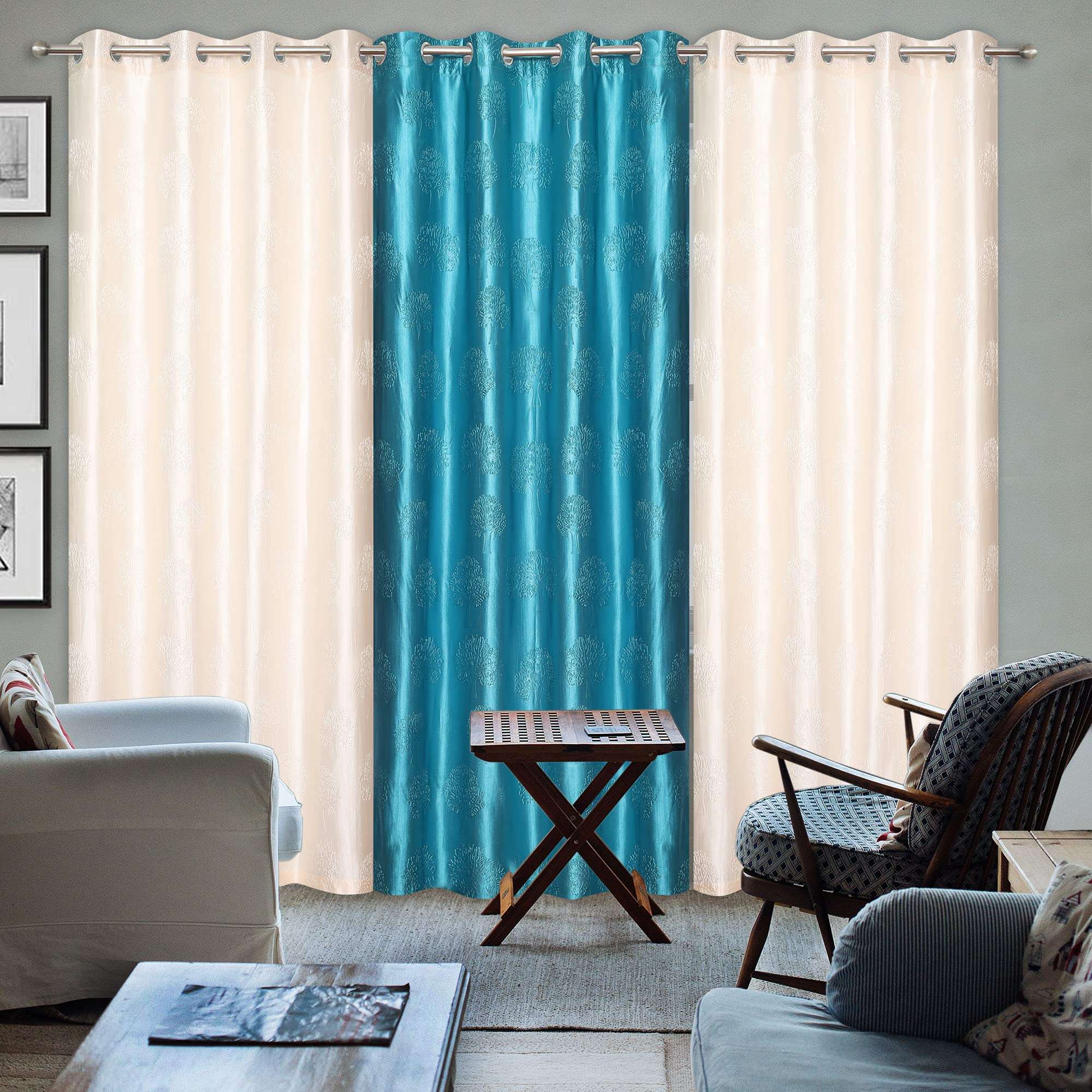 GRIHSHOBHA Heavy Polyester Tree Punch Grommet Top Room Darkening Combo Panel Drape Thermal Insulated Window Door Curtains Parde for Bedroom, Living Room Home (Door 7 Feet, Cream Aqua) - Set of 3 1
