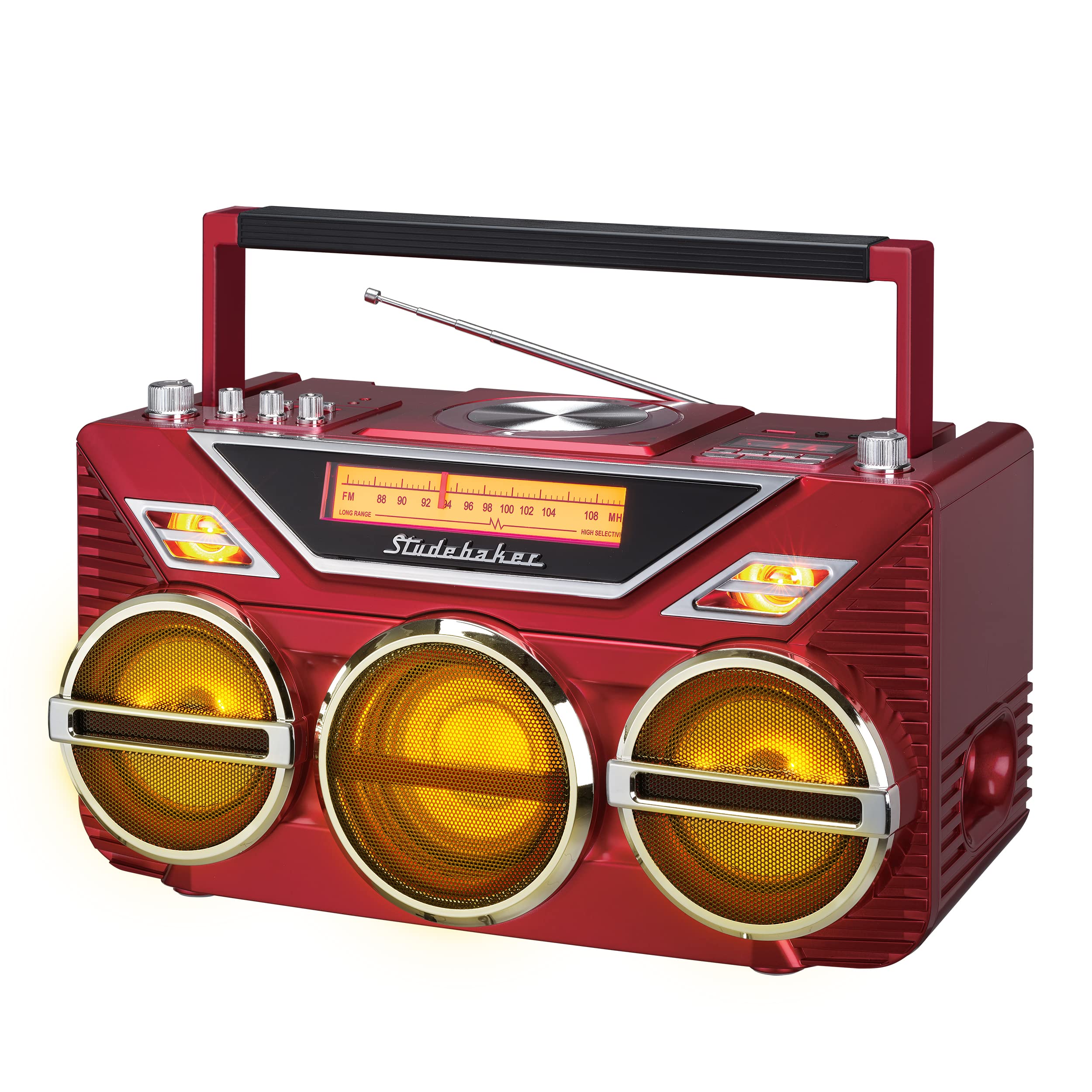 Retro Studebaker Avanti Stereo Boombox with CD, FM Stereo Radio, Bluetooth Receive and Transmit, LED Light Show and 15W Subwoofer for High Power Bass (Red)