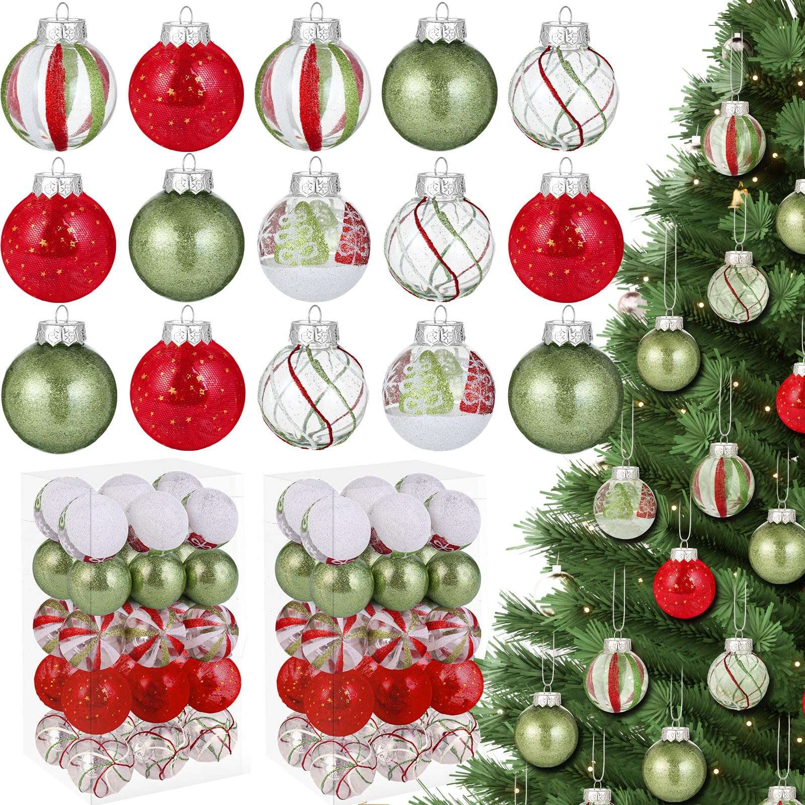 Realspring 60 Pcs 2.4" Christmas Balls Ornaments Bulk, 2024 Red Green and White Ornaments for Christmas Tree Decorations Glittery Plastic Shatterproof Hanging Balls for Xmas Home Party Decor 1