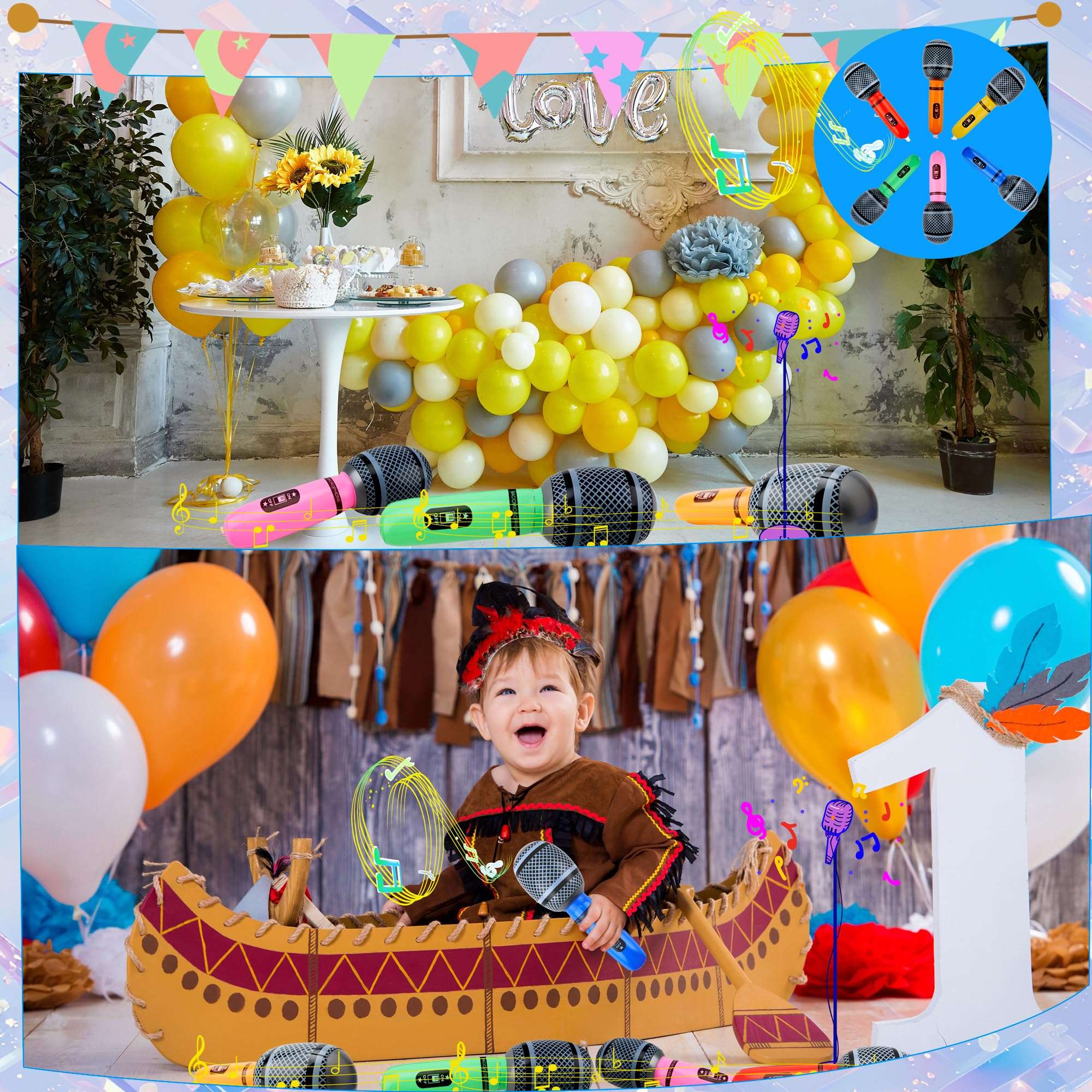 48 Pack Inflatable Microphones Blow up Microphone Bulk Pretend Inflatable Microphone Props Toys for 80s 90s Musical Concert Themed Cosplay Stage Party Role Play 5