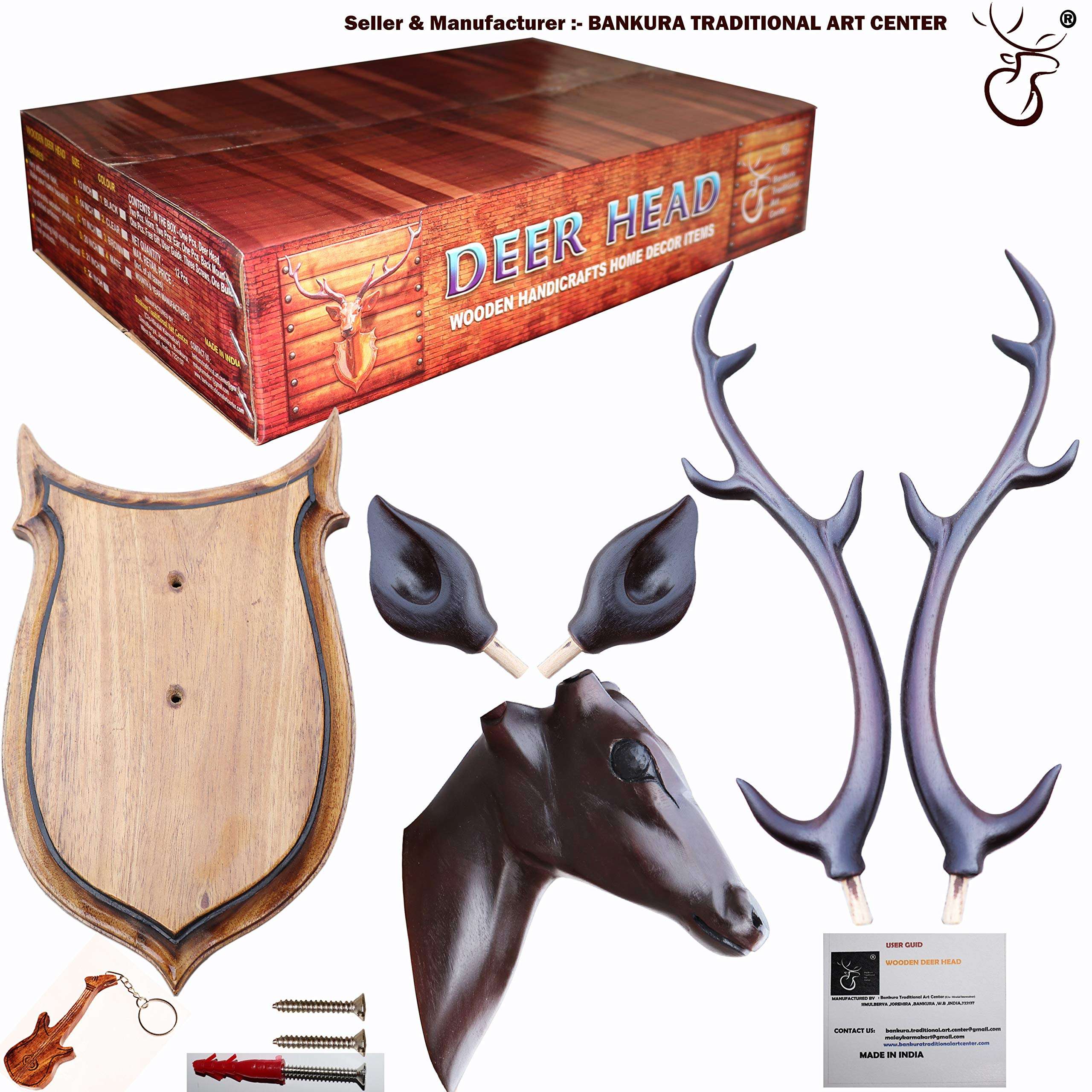 Bankura Traditional Art Center, Deer Head Long Neck Wooden Handmade Showpiece Wall Mounted and Wall Hanging Hook Home Decor 56cm, Black 6