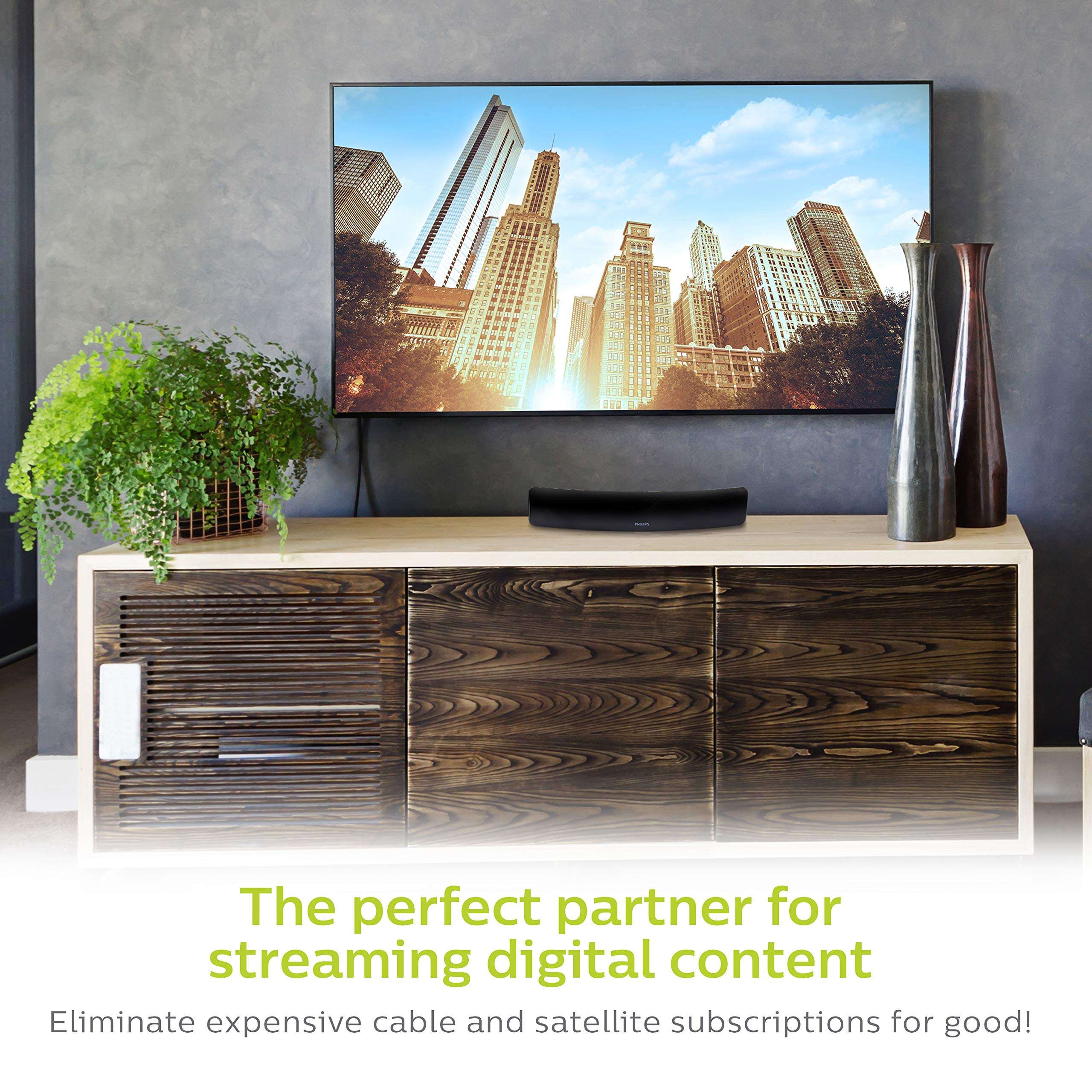 Philips Curved Contour HD TV Antenna, 30 Mile Range, 4K 1080P VHF UHF, Digital Smart TV Compatible, 5 ft. Coaxial Cable, Black, SDV9201A/27 3