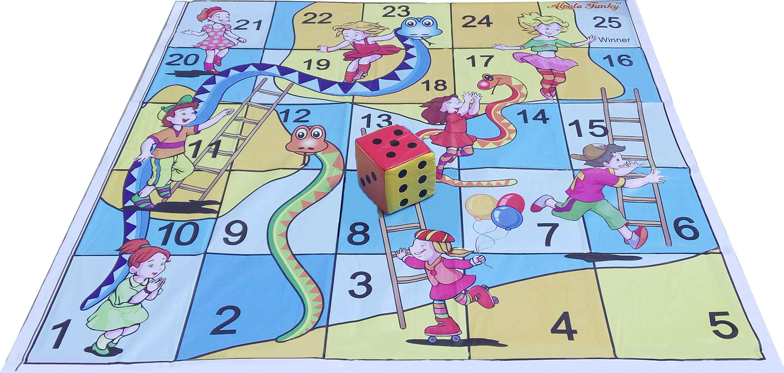 Atpata Funky 25 Blocks 5x5 Feet Snakes & Ladders (Kids Theme) with Dice