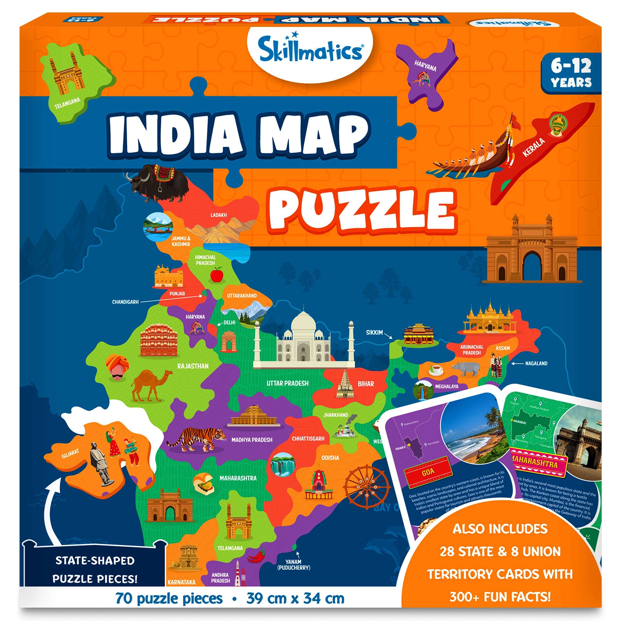 Skillmatics India Map Puzzle - 70 Pieces, Educational Toy for Learning 300+ Facts About India, Gifts for Ages 6 to 12 Kids 1
