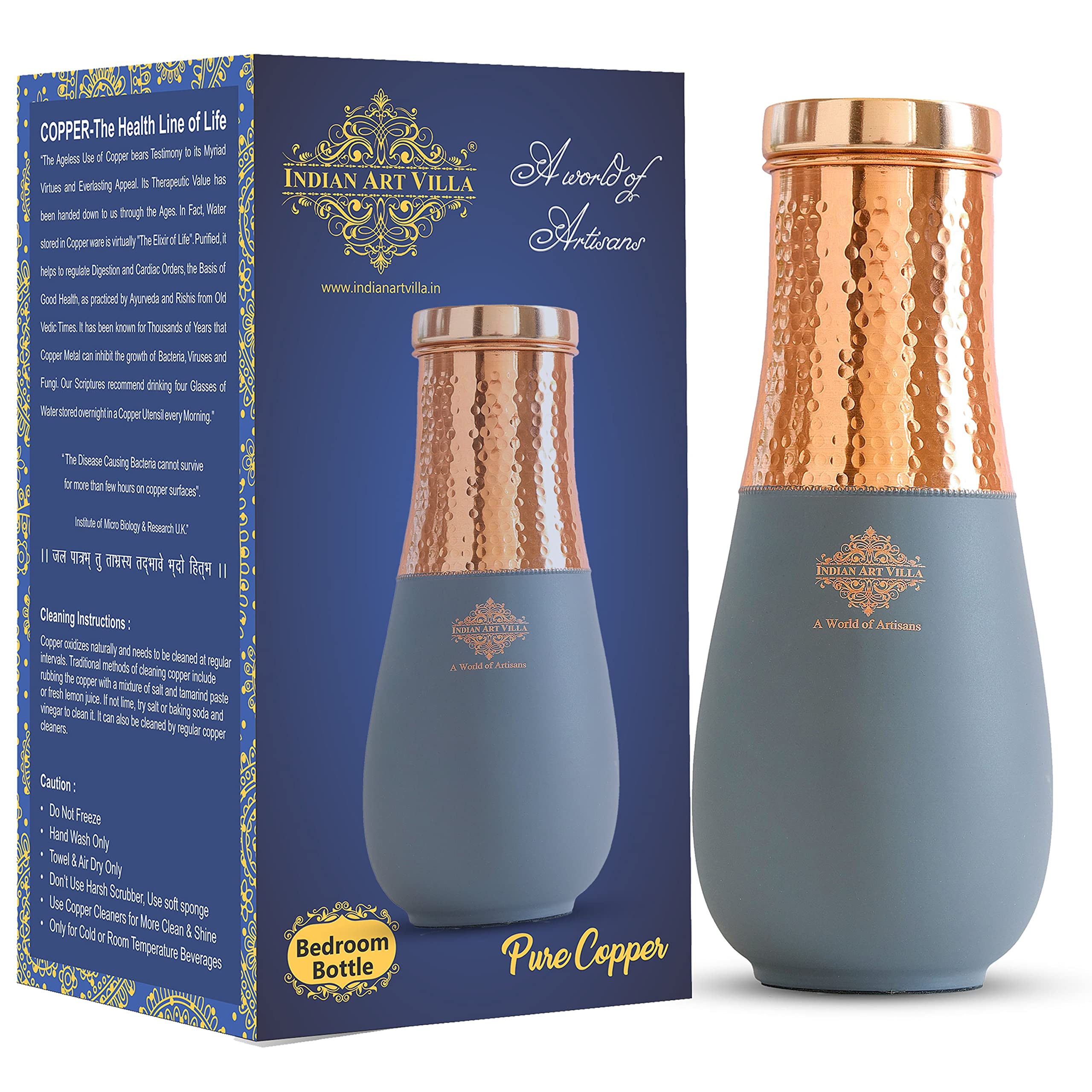 INDIAN ART VILLA Pure Copper Bedroom Water Bottle, Vase Design Half Gray Silk Half Hammered Finish - Volume 1425 ml (Pack of 1)