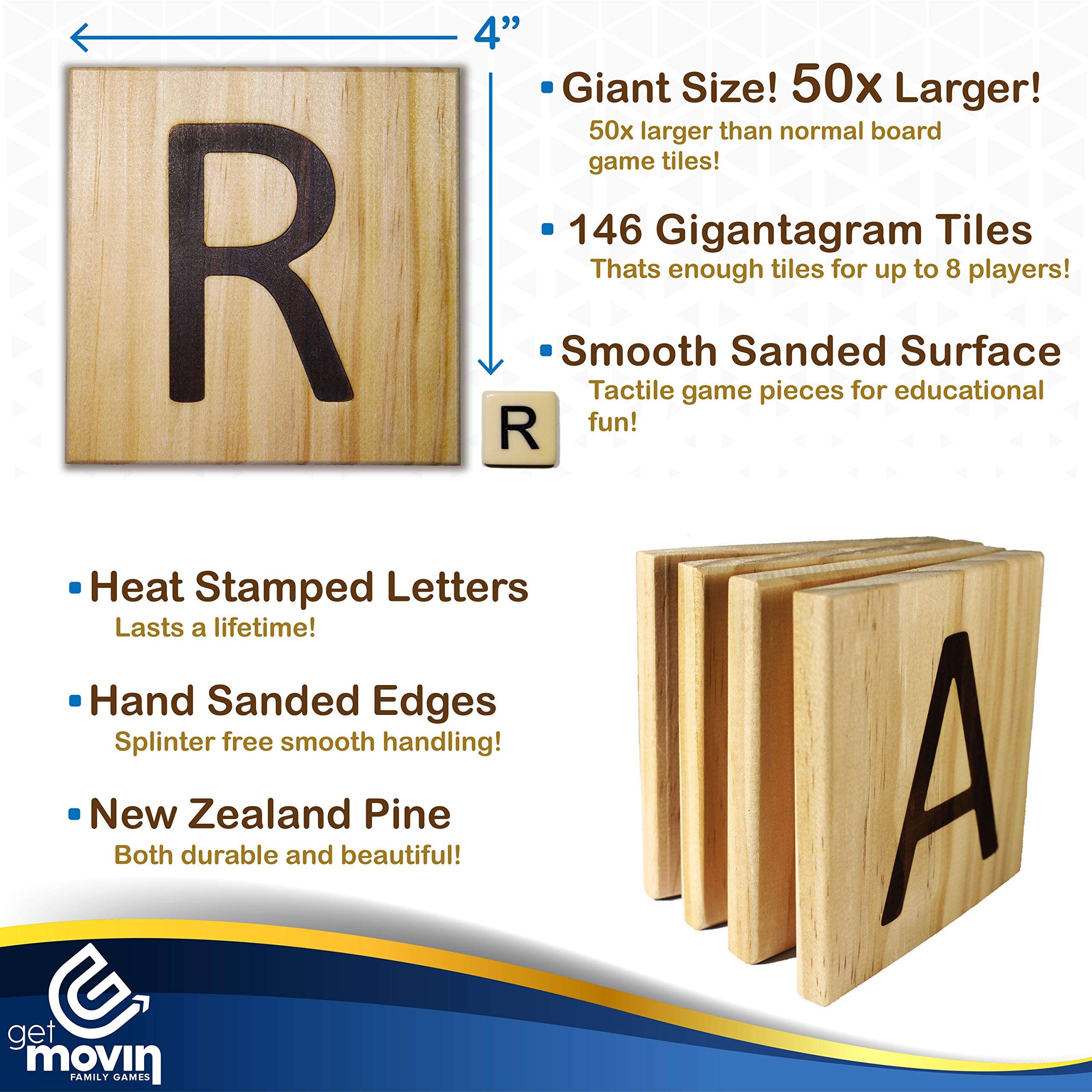New GIGANTAGRAMS Ultimate Word Game - 146 Giant Size Wooden ABC Tiles - Indoor & Outdoor - Group Events, Parties, Holidays, Bbqs, Reunions - Practice Spelling, for Schools, Educational Fun, GetMovin! 3