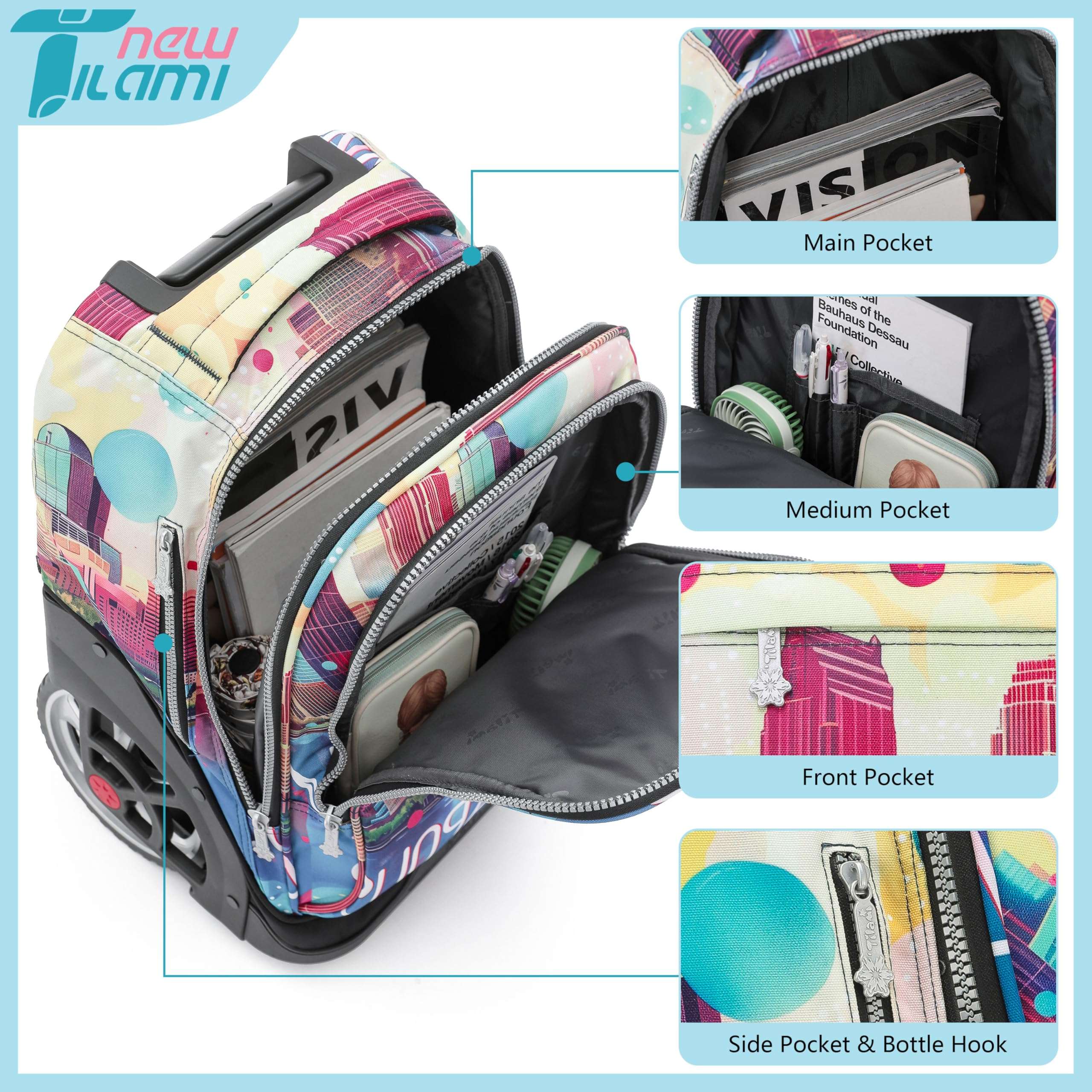 NEW TILAMI Rolling Backpack 19 inch Teens Rolling Backpack Cute Wheeled Computer Laptop Backpack Bookbag Roller Travel Bag College, City (No USB interface) 4