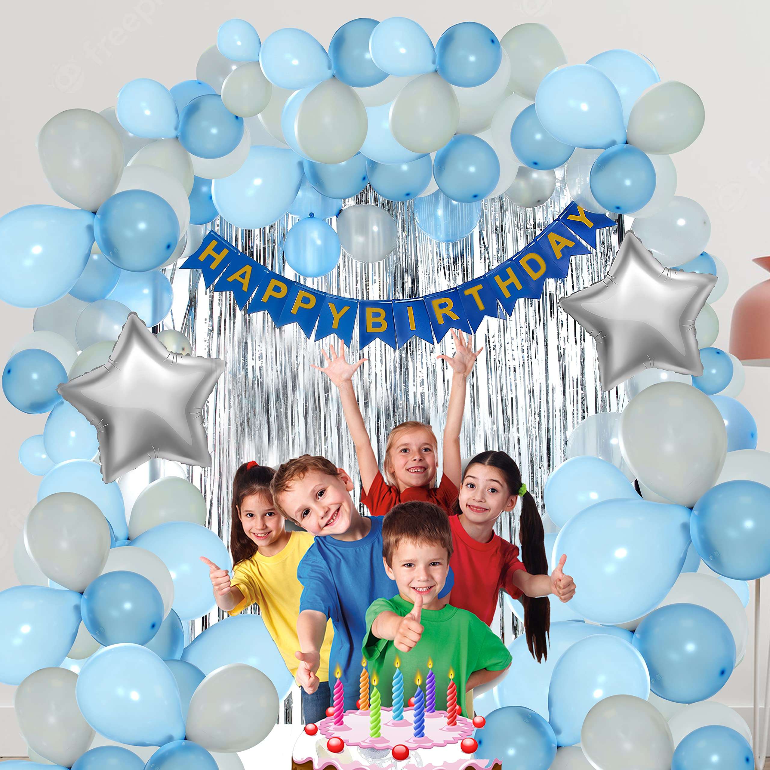 Wing Birthday Combo of 68 Pieces with Blue with Silver and White Balloons, Decoration Items Kit Combo Set Including 10 Piece Set of Blowouts 1