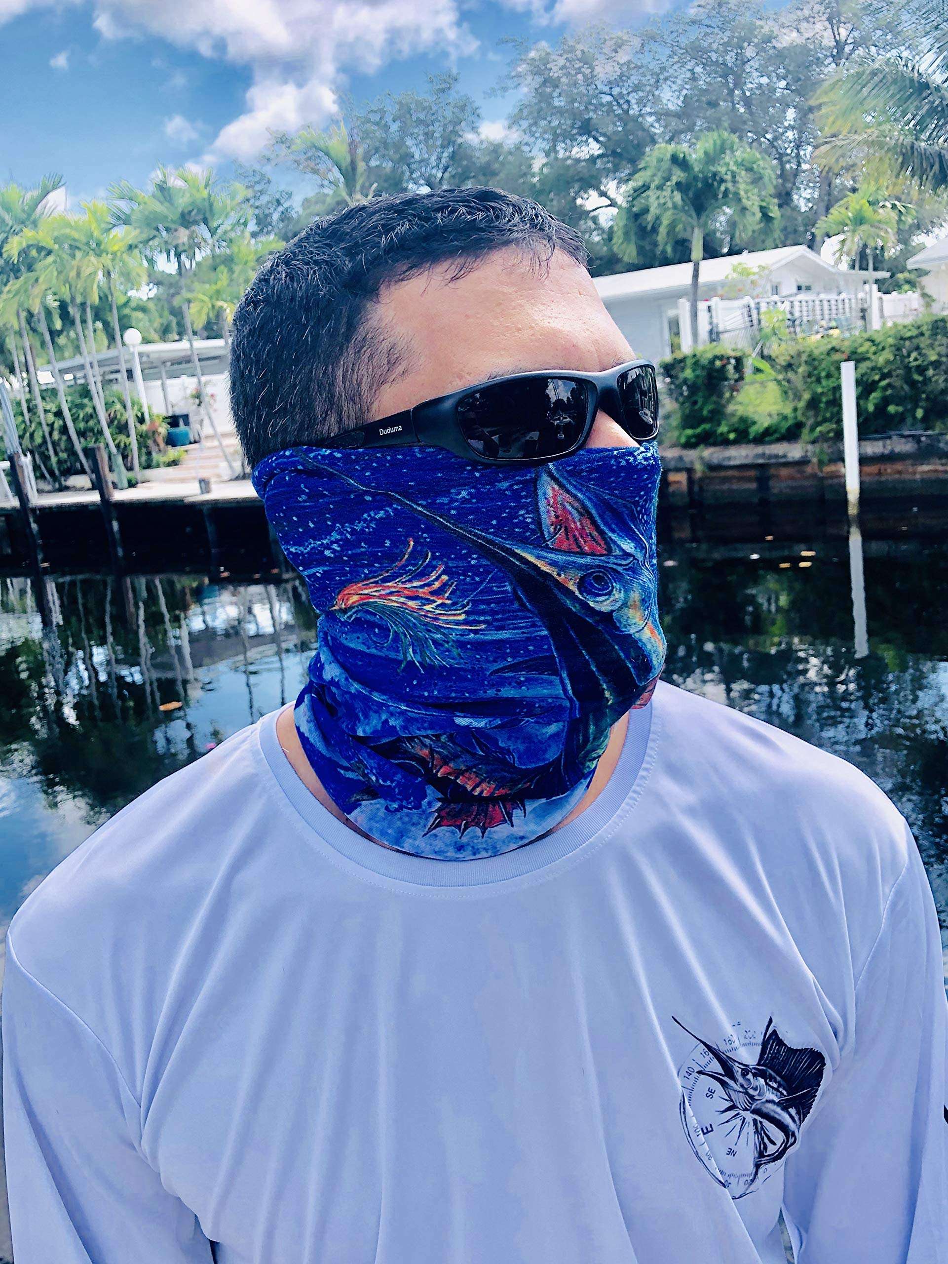 Docktail UV Fishing Bandana Face Mask and Shield - Saltwater and Outdoor Fisherman Hair Scarf for Women, Men - Soft Seamless UPF Neck Headband – Full Sun, Wind, Dust Protection - Blue Sailfish Design 4