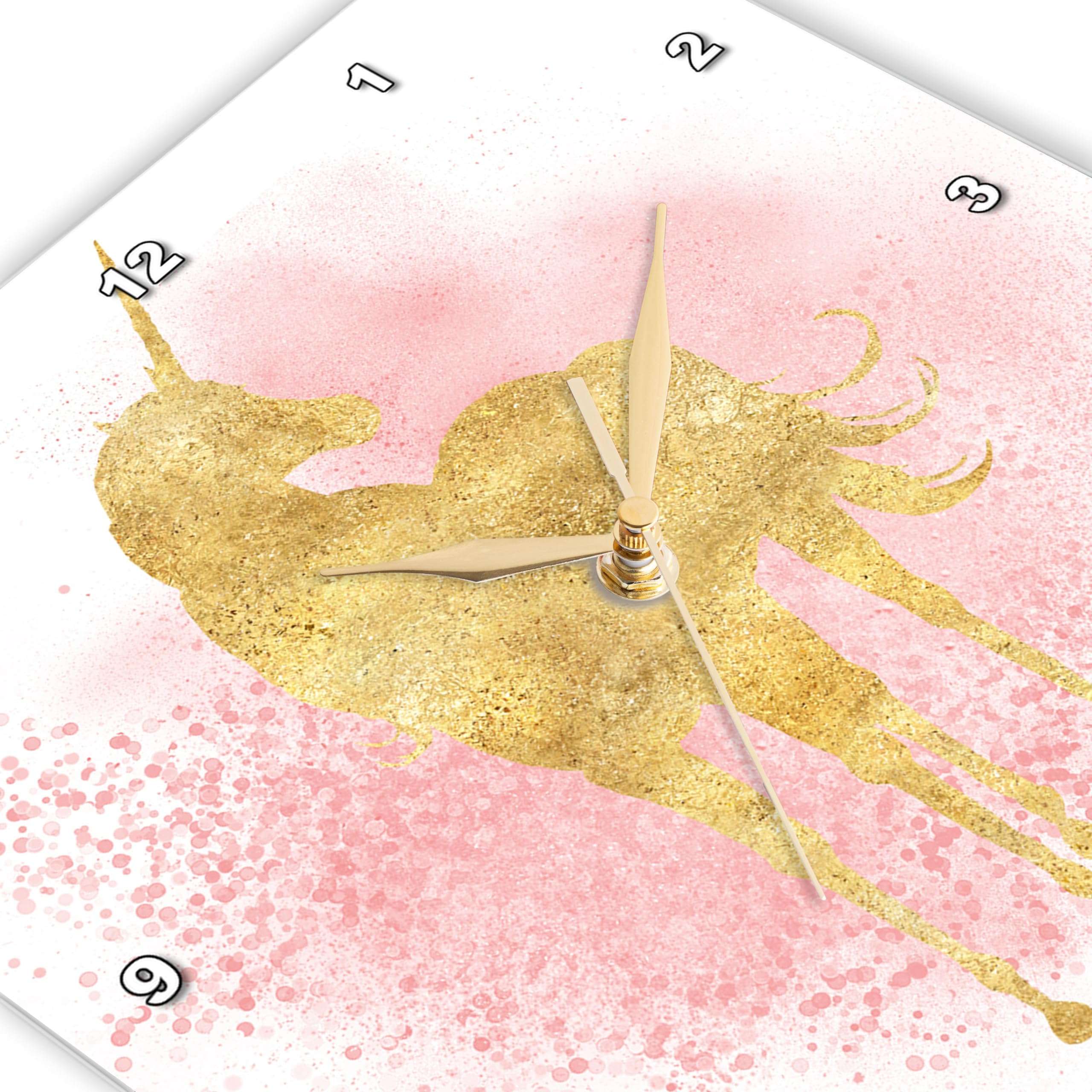 3dRose Wall Clock Silent - 10 inch - Image of Blush Pink Sparkle Confetti Gold Unicorn - PS Animals 3