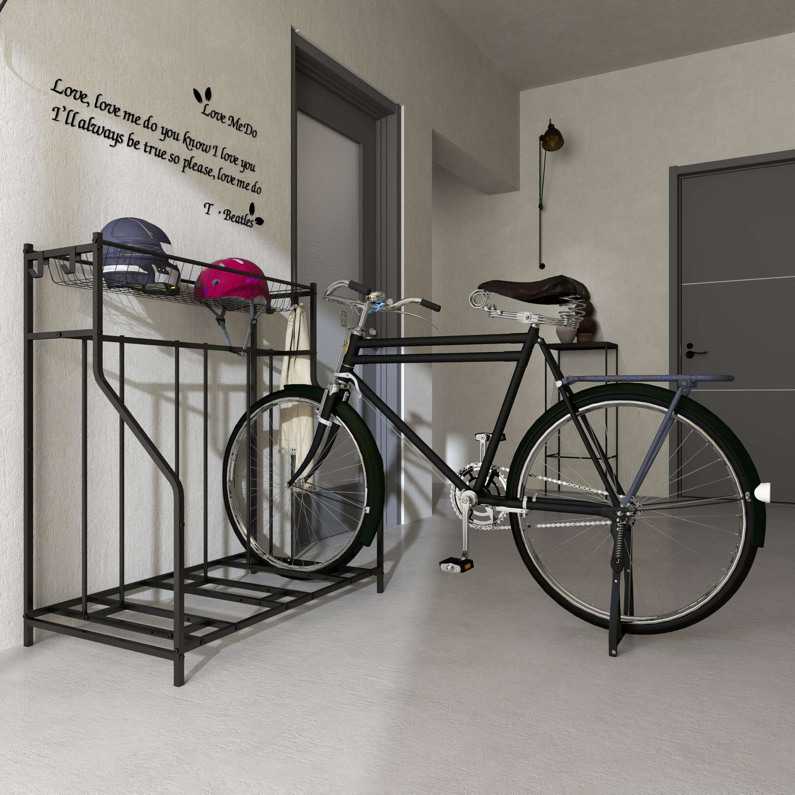 JOIN IRON Bike Rack with Storage Rack, Floor Rack for 3 Bikes, Bike Rack for Road, Mountain, Adult or Kids Bikes, Sports Equipment Storage Rack, Black 3
