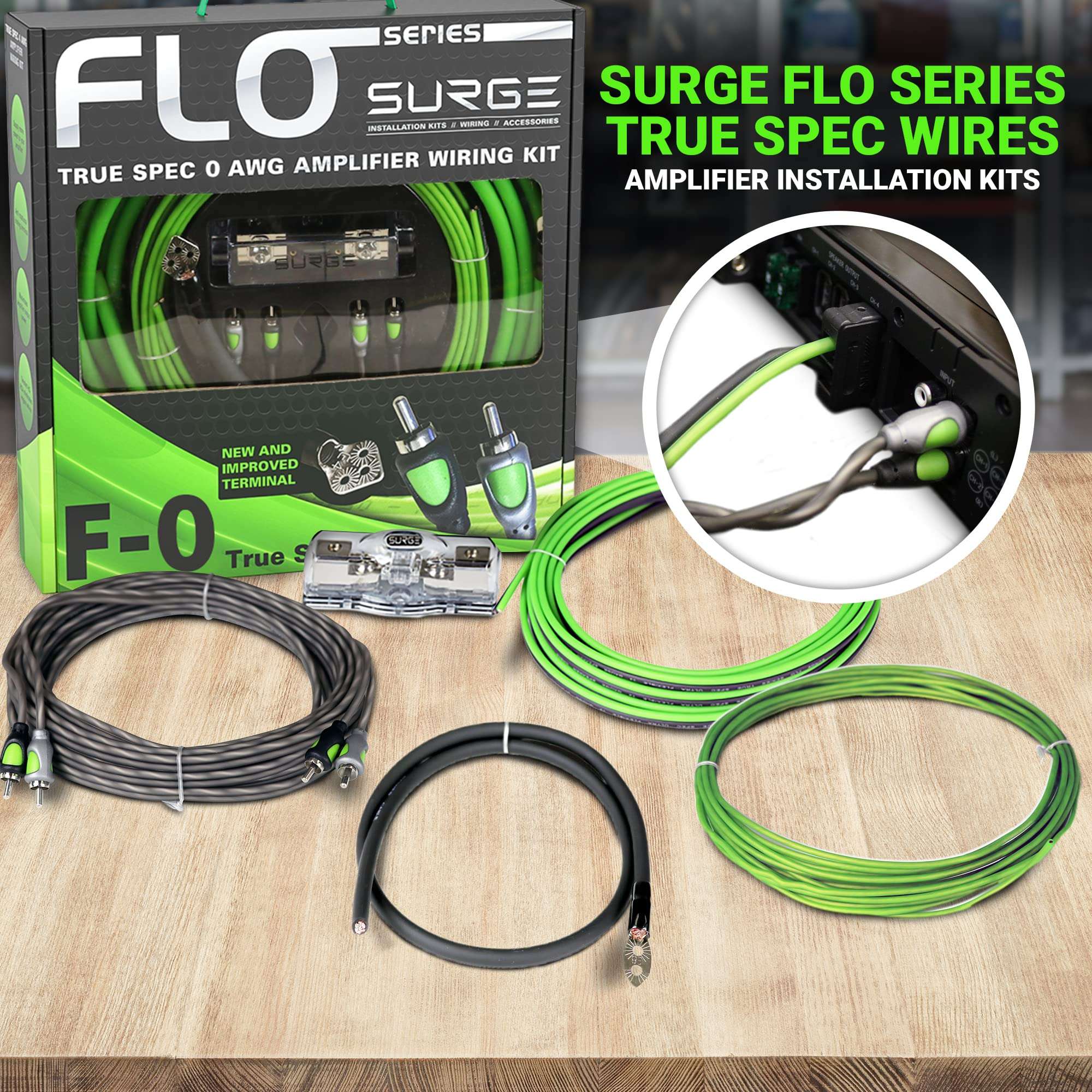 Surge Series Amplifier Installation Wiring Kit - 0 Gauge Installer Amp Kit - True Spec AWG Amp Kit - 5000W 0 Gauge Wire w/ 250A mini-ANL Fuse Holder Car Audio Wiring Kit - Car Amplifier Installation 5