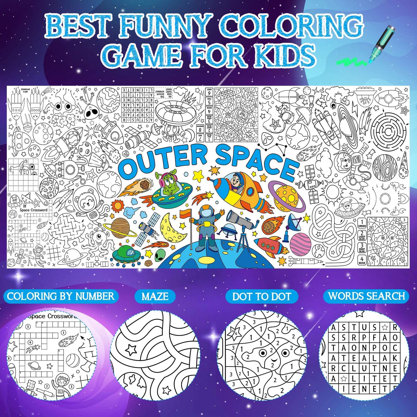 Outer Space Giant Coloring Poster for Kids 30 x 72 Inch, Space Large Coloring Poster Tablecloth, Outer Space Themed Color-in Activities Games for Kids School Classroom Home Party Supplies Decorations 4