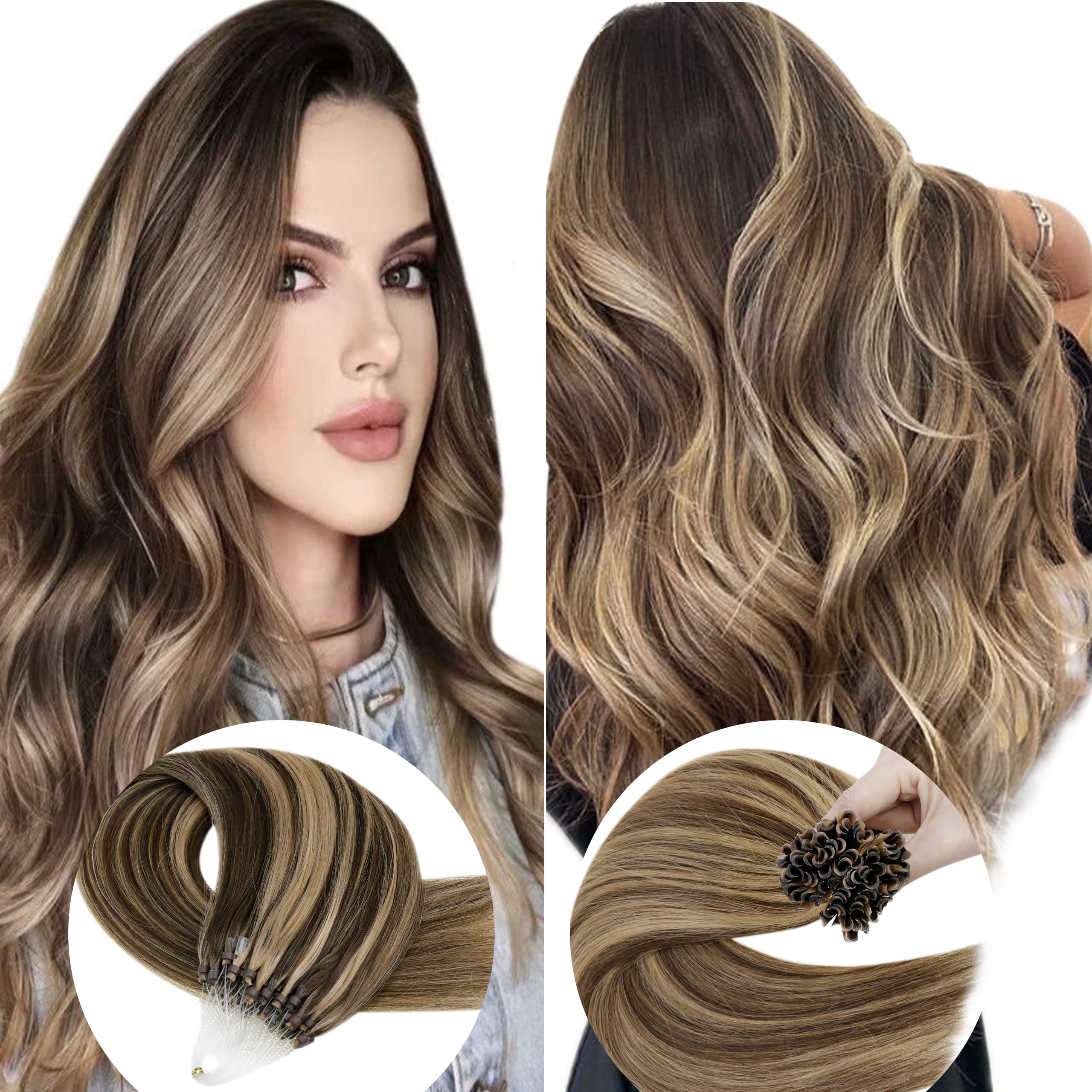Hetto Micro Loop Hair Extensions Real Hair Blonde Highlight 20 Inch 50g 50s U Tip Hair Extensions Human Hair#4/27 Dark Brown Highlighted Blonde 50 Strands 50 Grams