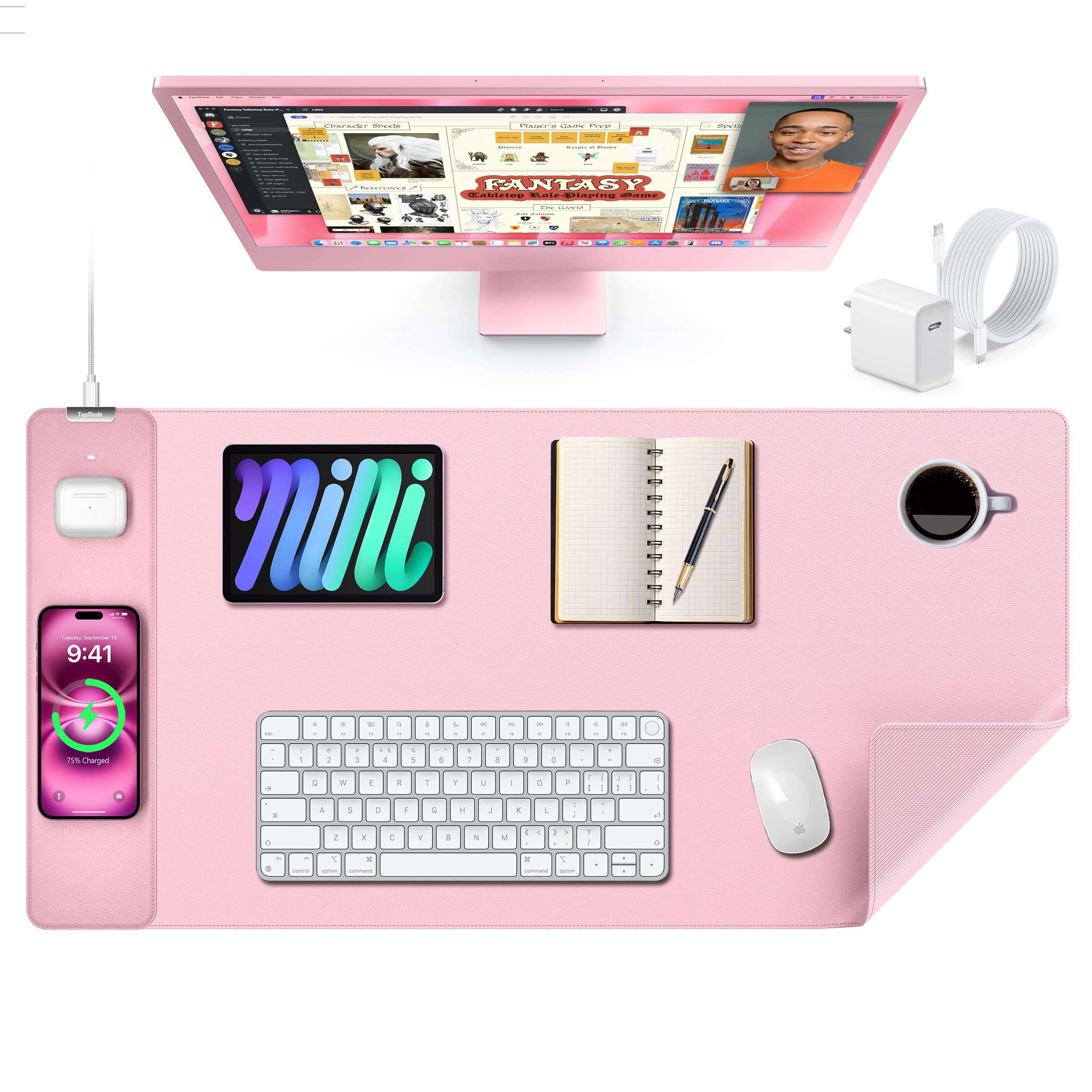 TopMade Mouse Pad with 15W Wireless Charging, XXL Large Leather Desk Mat, Waterproof Gaming Mousepad Home Office Desk Pad Protector, Pink (Includes 20W PD Power Adapter & 6.56ft Woven Cable) 1