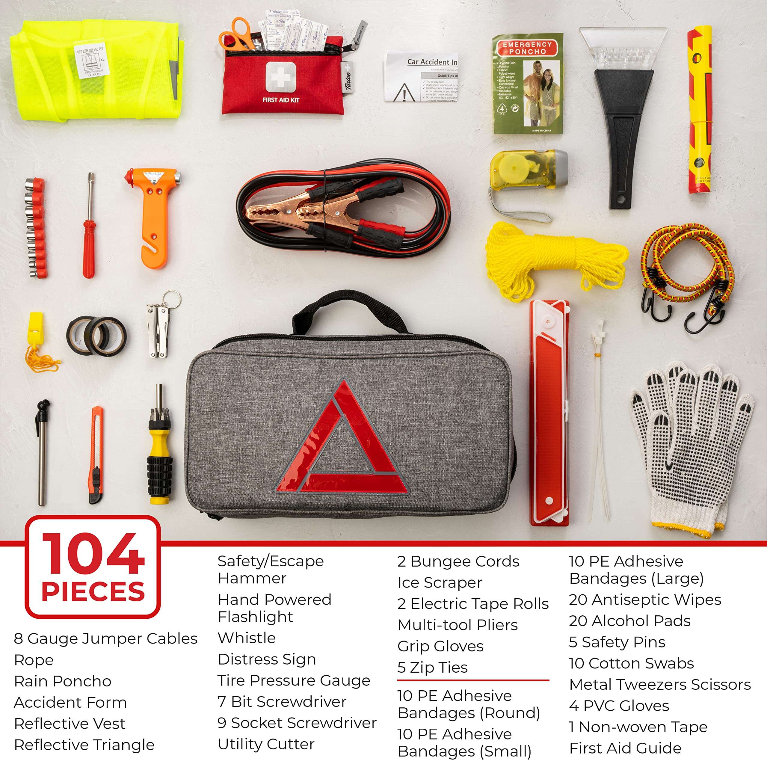 Thrive Emergency Car Kits for Vehicles - Roadside Emergency Car Kit (104 Pieces) - Car Kits for Emergency - Roadside Car Kit with Jumper Cables and Mini First Aid Kit - Triangle Bag 2