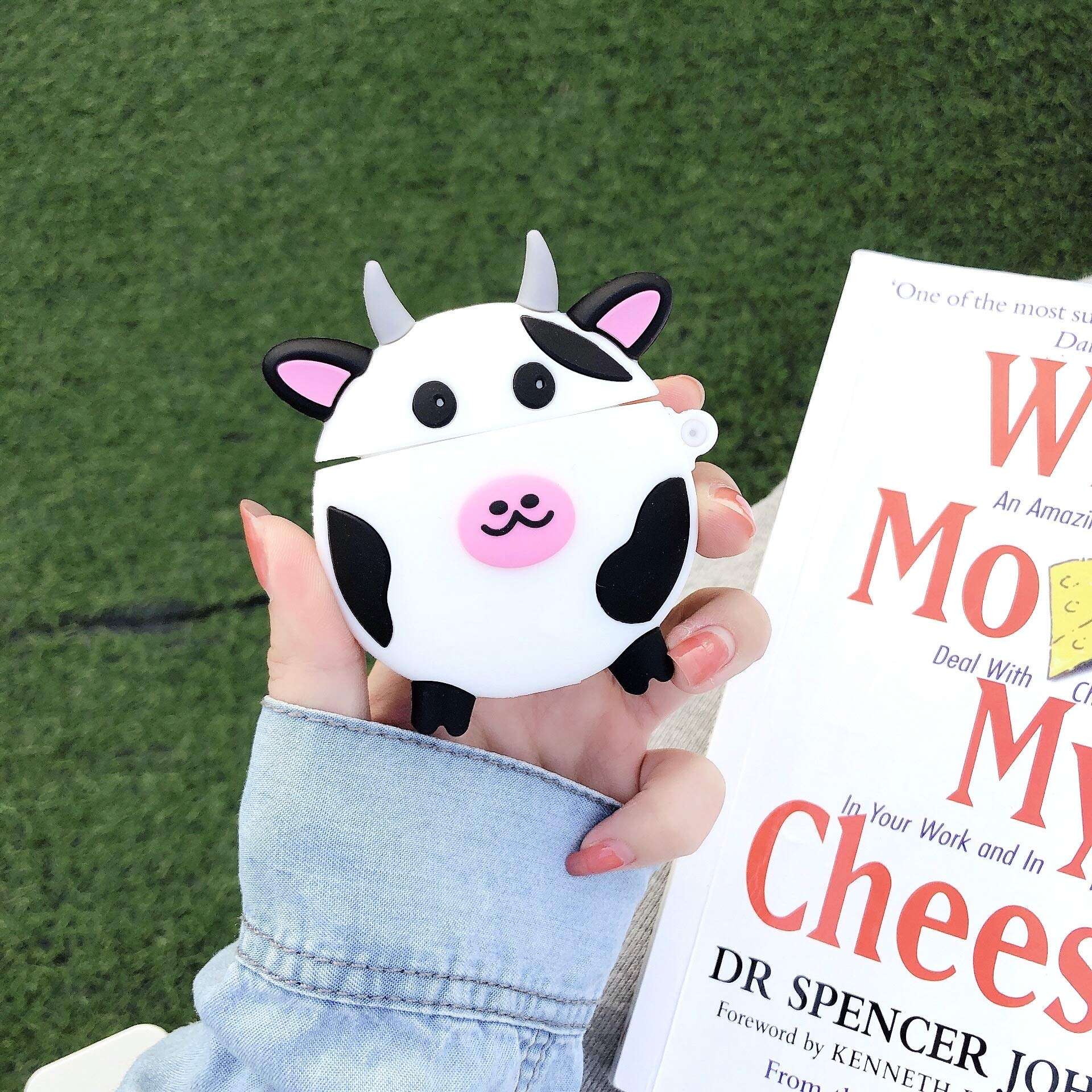 Airpods Case Cow, Cute Cartoon Kawaii Cool Funny 3D Animal Skin Soft Silicone Airpod 2&1 Case Cover with Keychain Gift for Kids Teens Boys Girls Men Women 2