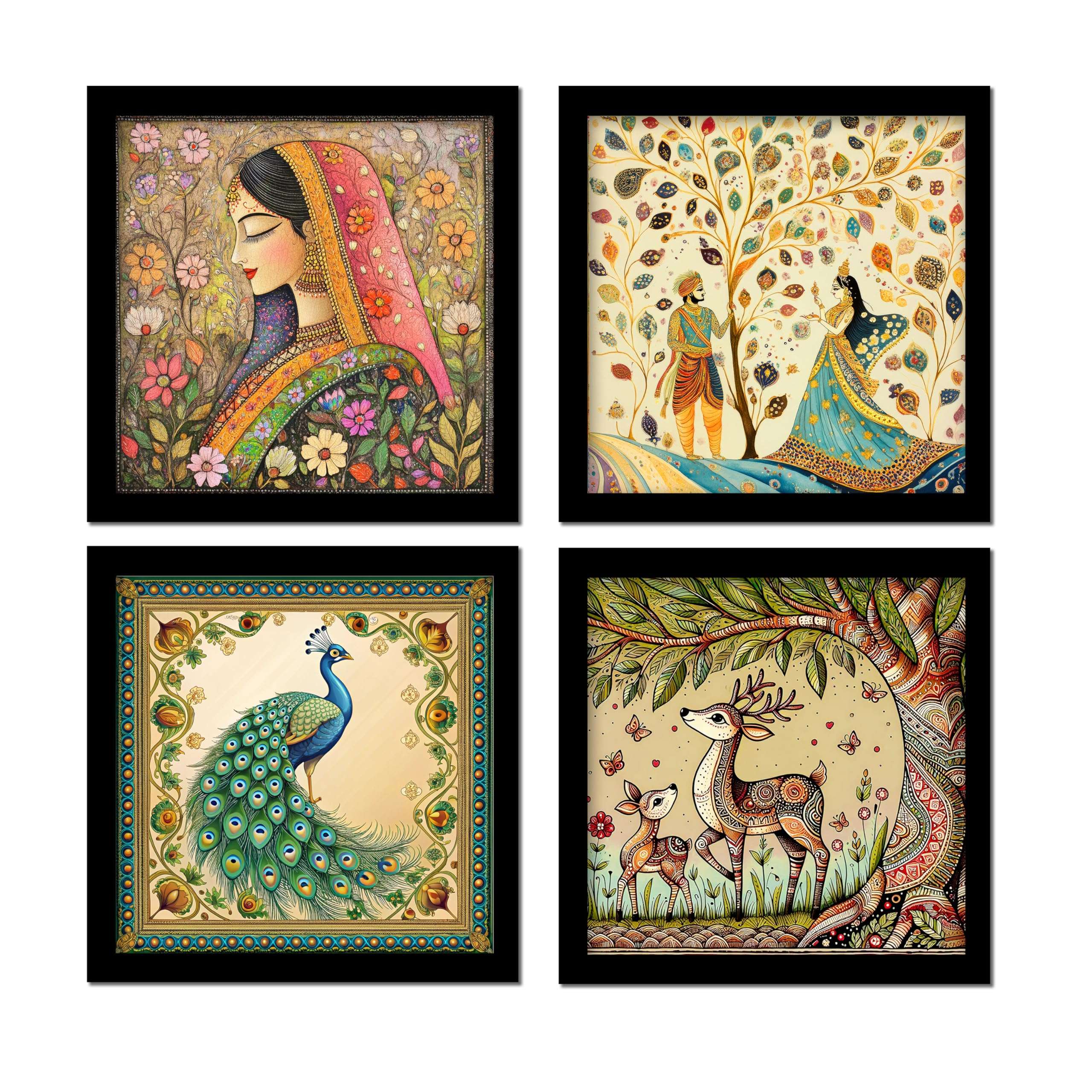 Rousrie Madhubani Art Framed Painting For Home, Living Room, Hall | Traditional Rajasthani Pichwai Art Paitnings With Frame For Home Decor (Set Of 4) 1