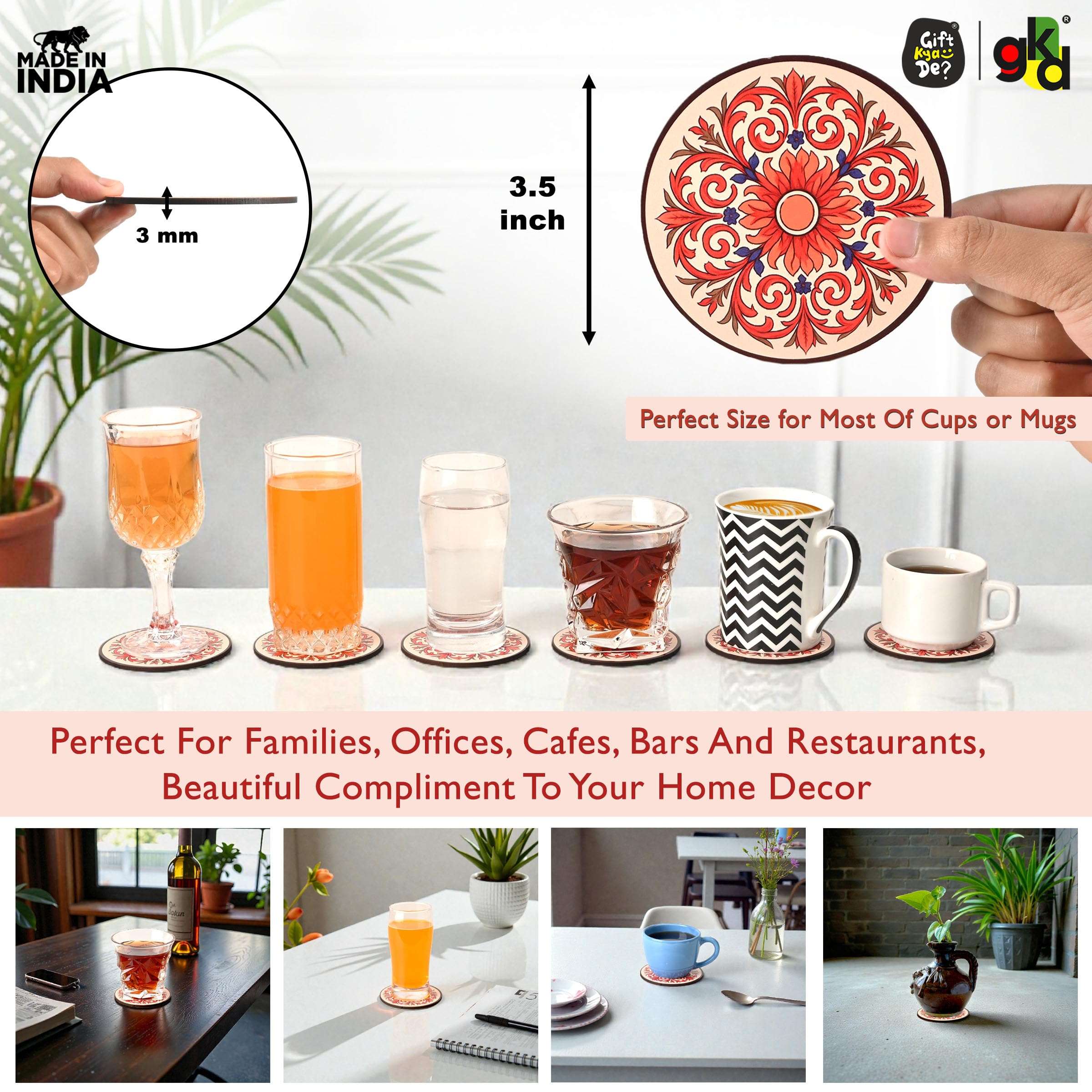 GKD Flower Coasters Wooden Tea & Coffee Coasters Set of 6 with Stand | Round Coasters 3.5 Inch | Heat & Water Resistant Table Coasters for Cups, Mugs & Glasses | Made in India 3
