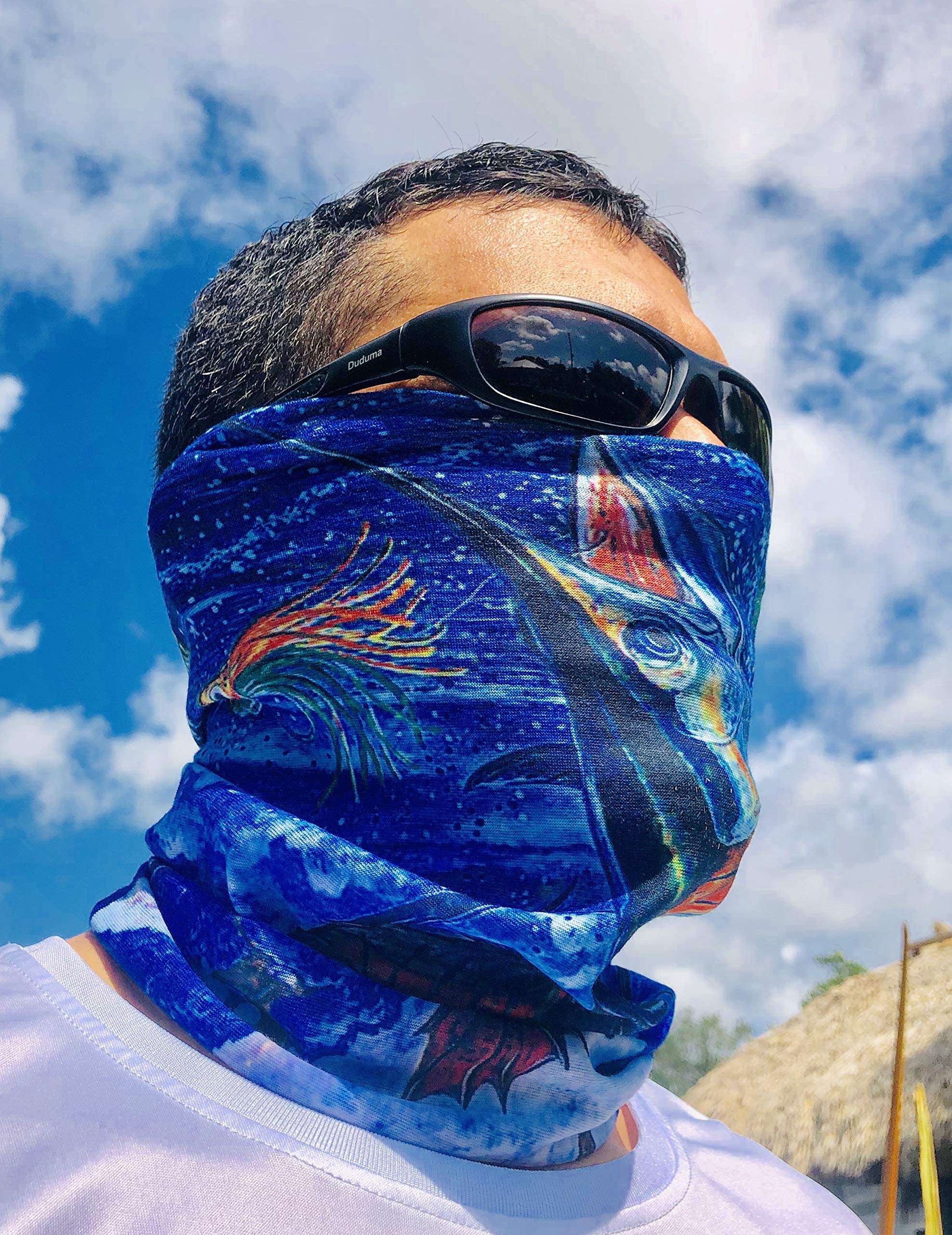Docktail UV Fishing Bandana Face Mask and Shield - Saltwater and Outdoor Fisherman Hair Scarf for Women, Men - Soft Seamless UPF Neck Headband – Full Sun, Wind, Dust Protection - Blue Sailfish Design 2