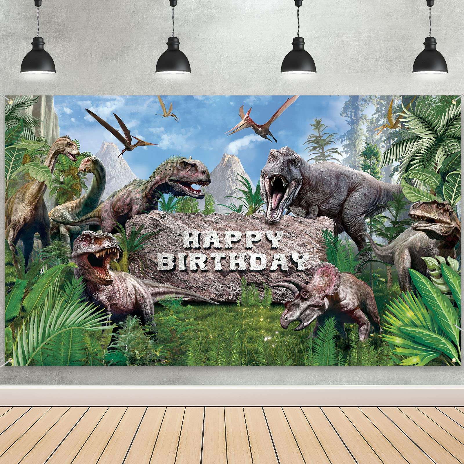 Dinosaur Theme Backdrop Banner Polyester Dinosaur Happy Birthday Photo Background Tropical Jungle Birthday Party Backdrop Decor for Kid Dinosaur Theme Birthday Party Photo Prop Decor, 72.8 x 43.3 Inch 1