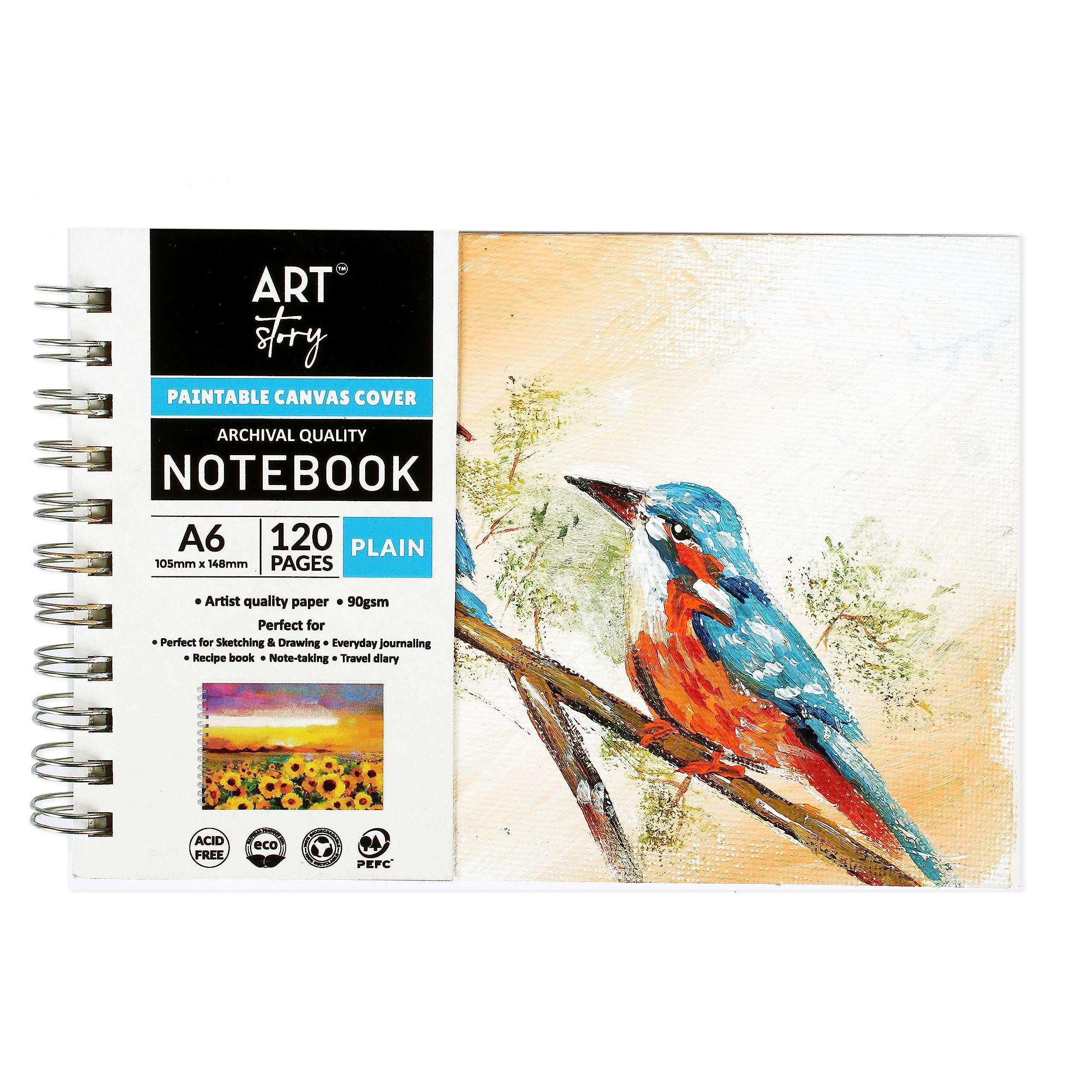 Little Birdie Art Story Paintable Canvas Wiro Bound Plain Notebook Landscape A6 90gsm 120 Pages|Notebook with Canvas Cover for DIY Painting and Decoration | For Professional & Hobby Artists, Beginners