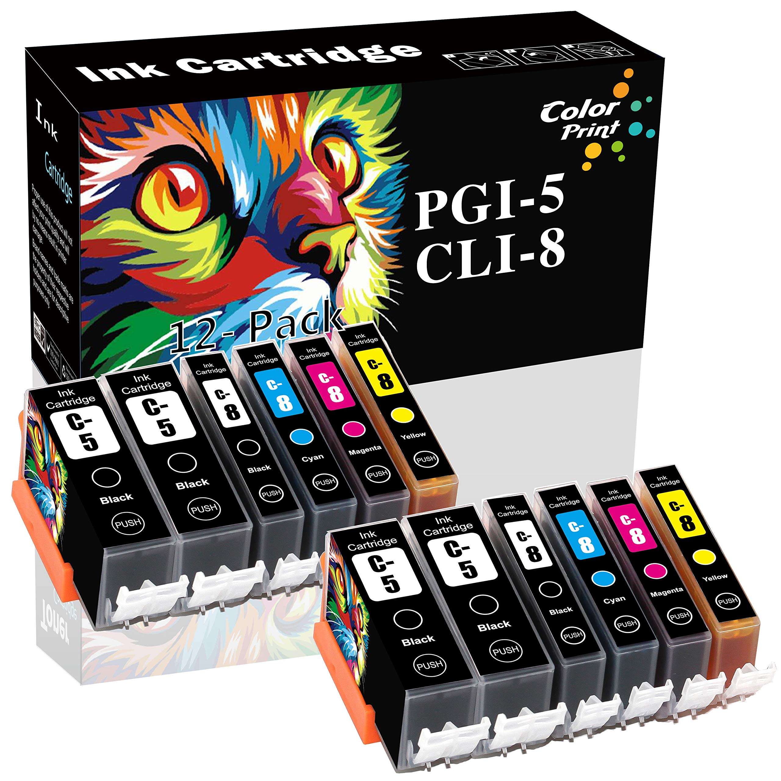 12-Pack ColorPrint Compatible Ink Cartridge Replacement for PGI-5 CLI-8 PGI5 CLI8 PGI 5 CLI 8 for Pixma Pro6000 Pro6500 Pro9000 iP6700D iP6600D iP5200 iP4500 MP810 Printer (4PGBK/2BK/2C/2M/2Y) 1
