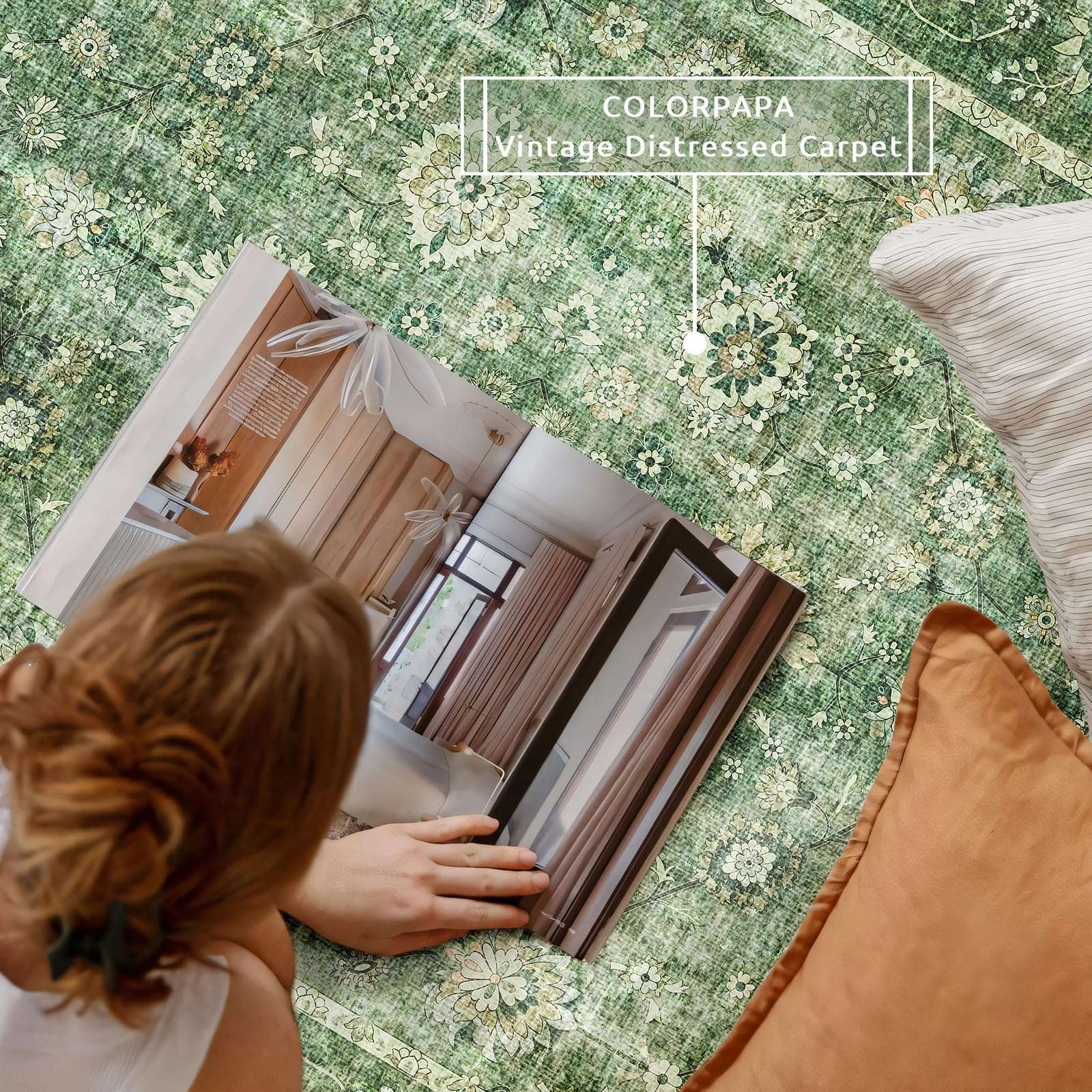 COLORPAPA Green Area Rug 3x5, Washable Rug for Living Room Bedroom Kitchen Entryway, Boho Throw Rug Low-Pile, Floral Distressed Carpet Non-Slip 5