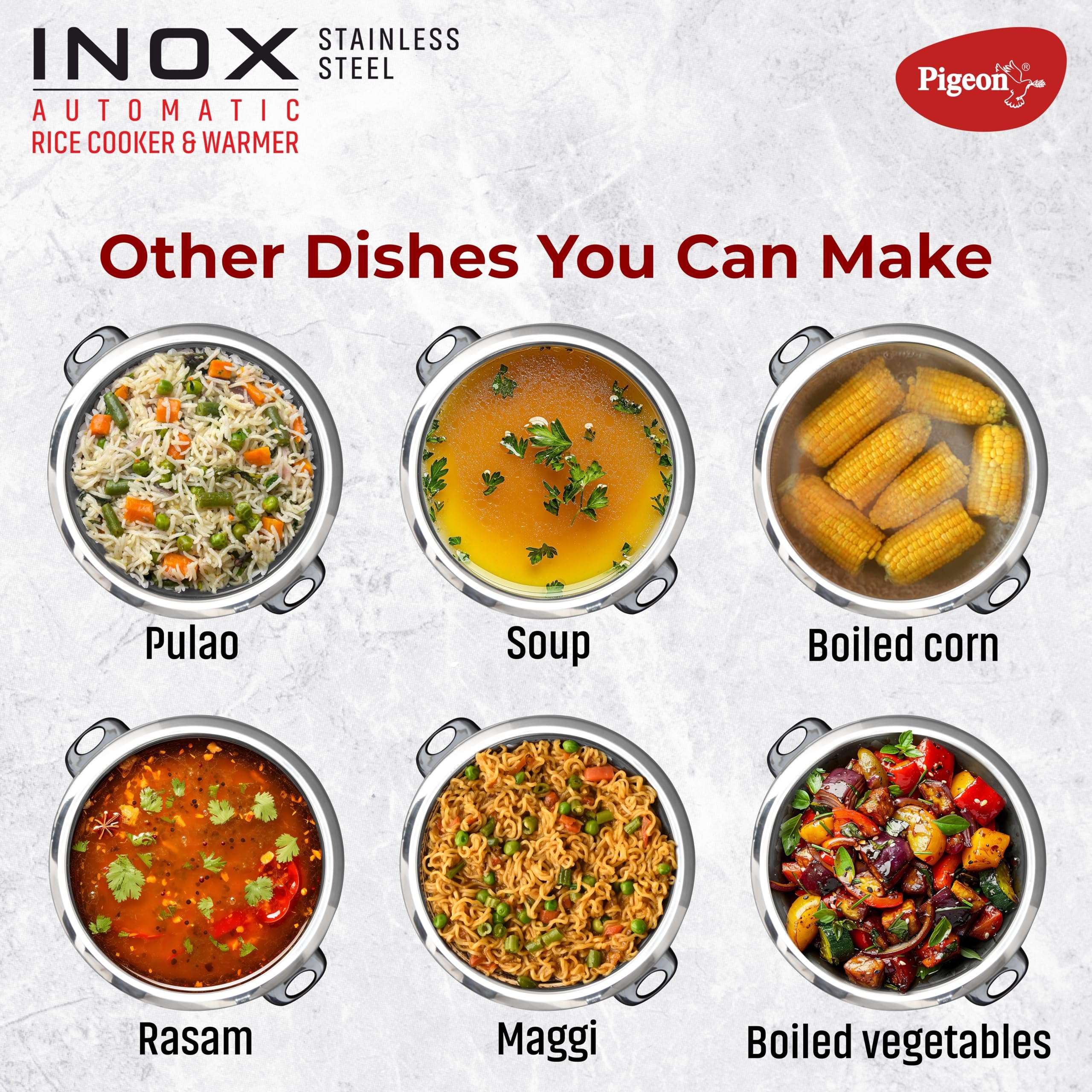 Pigeon Inox Rice Cooker with Double pot, 1.8 litres | Stainless Steel Lid | 700 Watts | 2 Steel Cooking Pot | Measuring Cup | Spatula | Energy Efficient Cooking 6