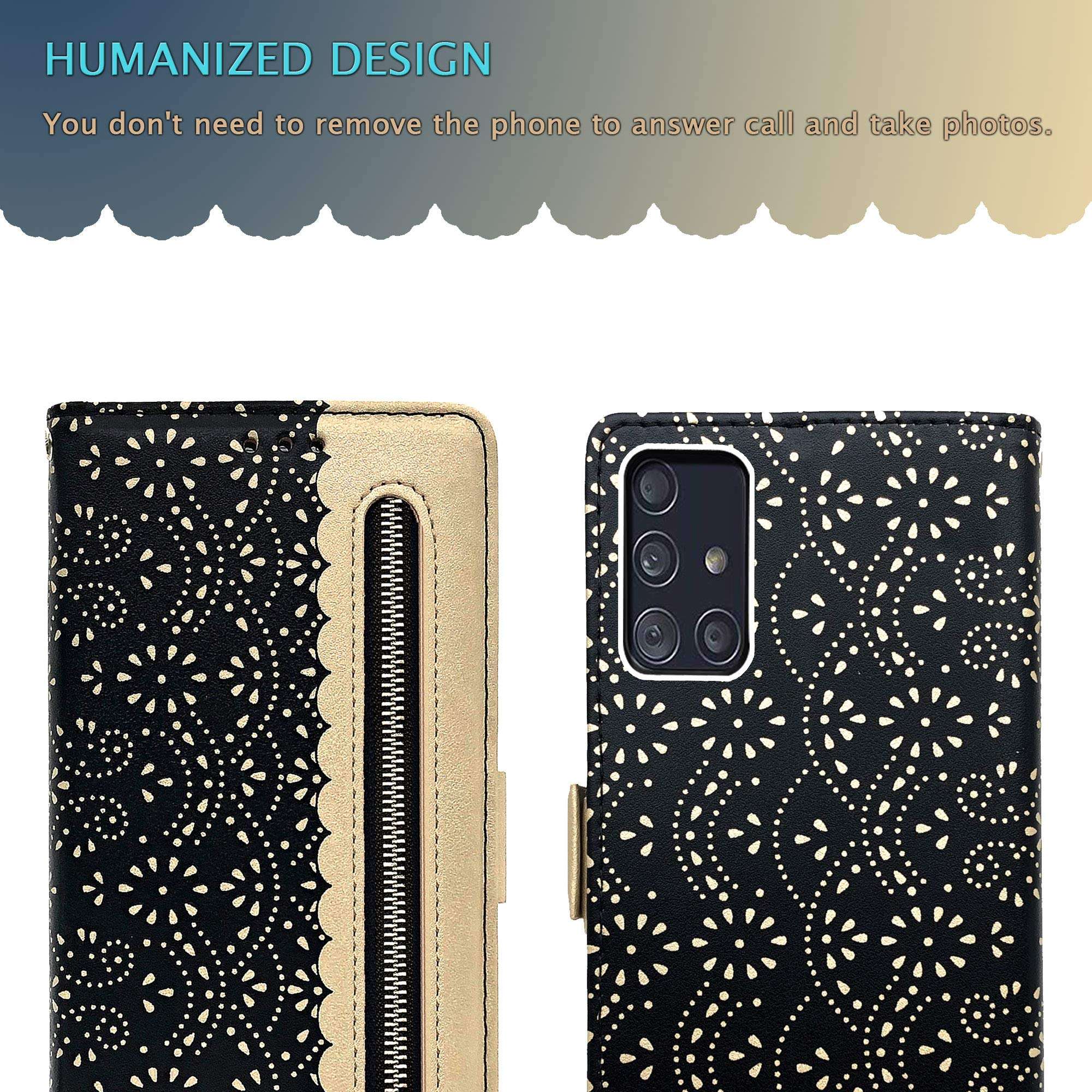 Luxury Flip Wallet Case for Samsung Galaxy A51 Printed Lace Folio Wristlet Lanyard Card Slot Kickstand Feature with Girl Women Cover for SamsungA51 (Galaxy A51 4G, Black) 5