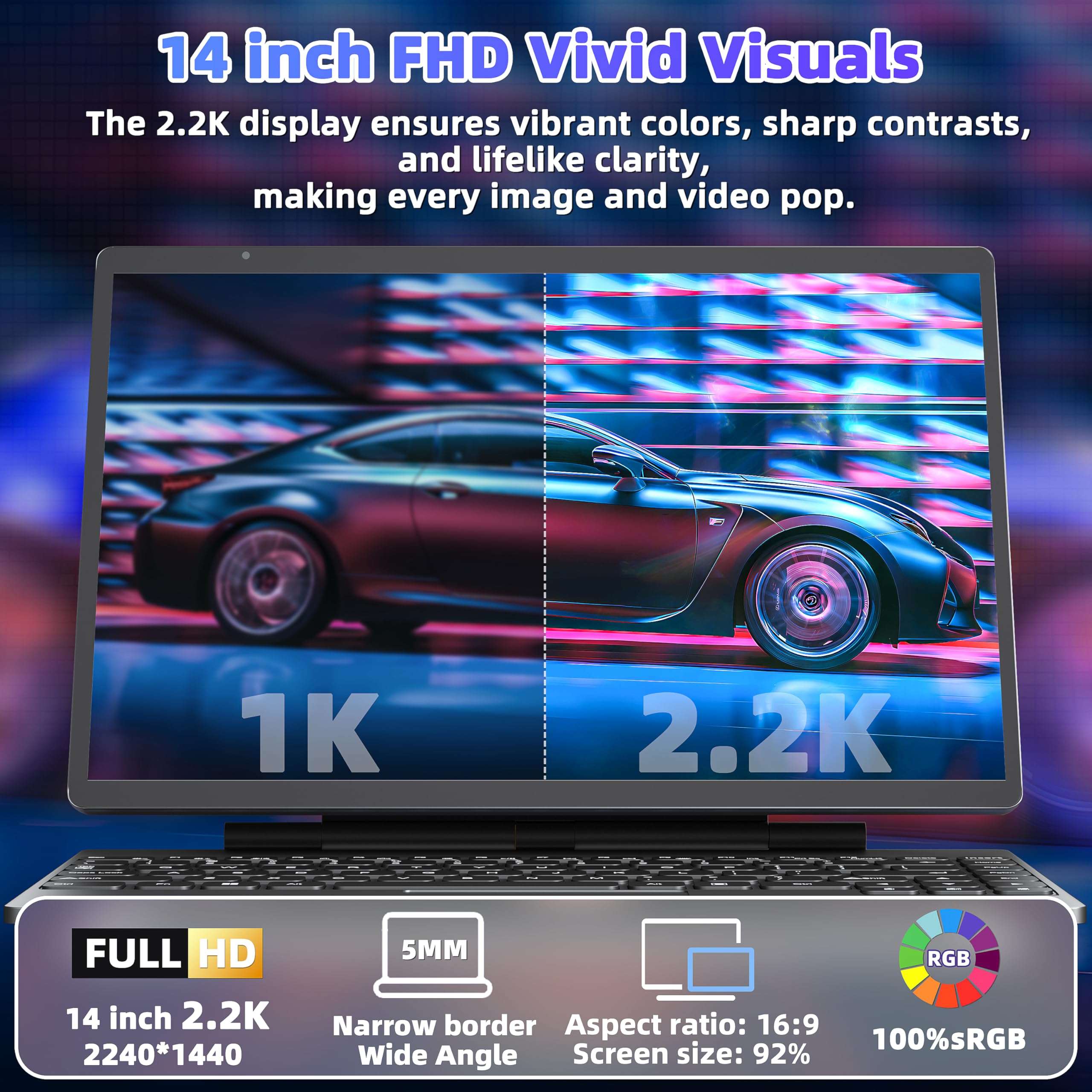 Rumtuk 2-in-1 Laptop Convertible Tablet with Win 11/Office 2019, 14'' 2.2K Touchscreen, Magnetic Suspension Keyboard, 12th Alder Lake-N95, 16GB RAM, 1TB SSD, Webcam, Cooling Fan, Type-C (16G+1T) 2