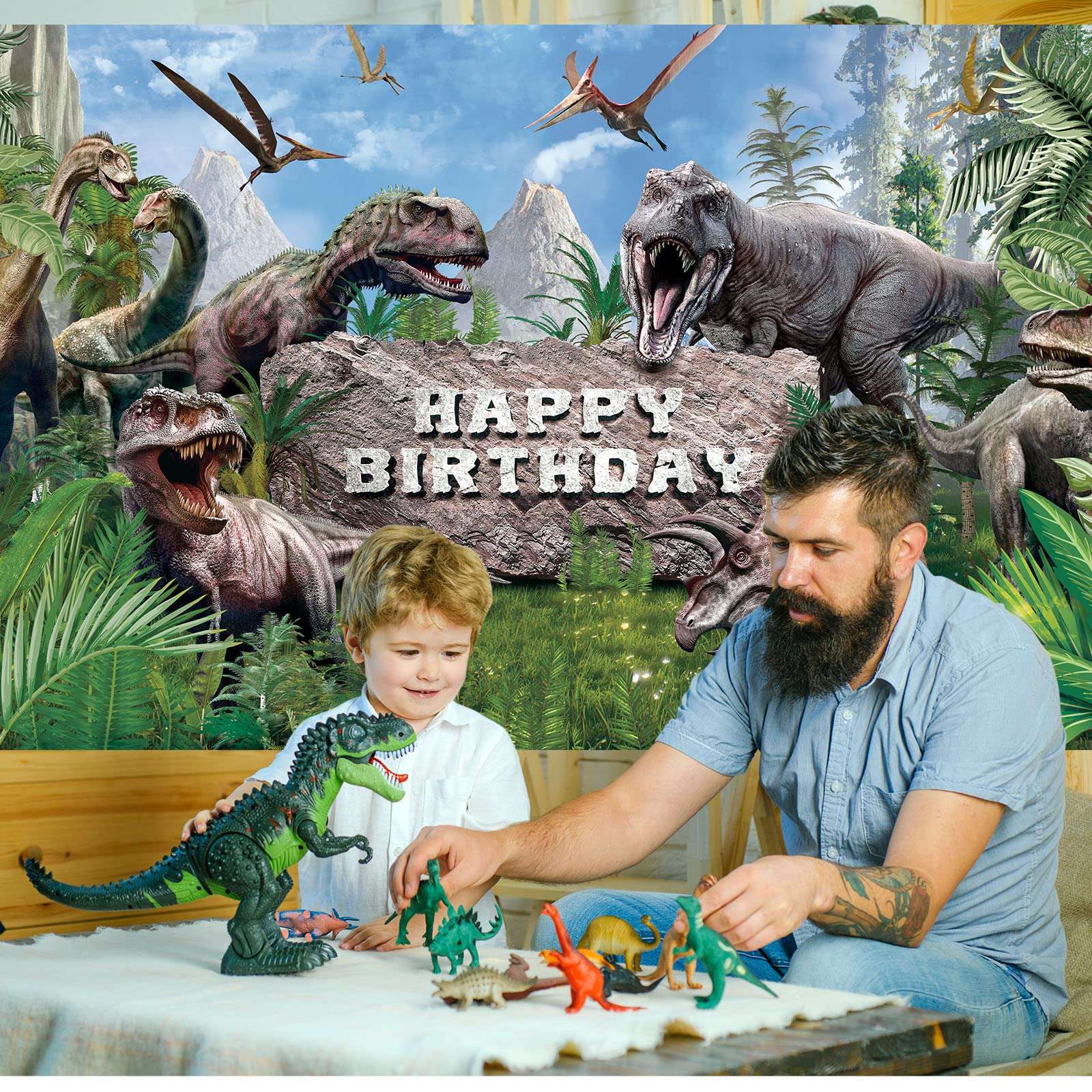 Dinosaur Theme Backdrop Banner Polyester Dinosaur Happy Birthday Photo Background Tropical Jungle Birthday Party Backdrop Decor for Kid Dinosaur Theme Birthday Party Photo Prop Decor, 72.8 x 43.3 Inch 6