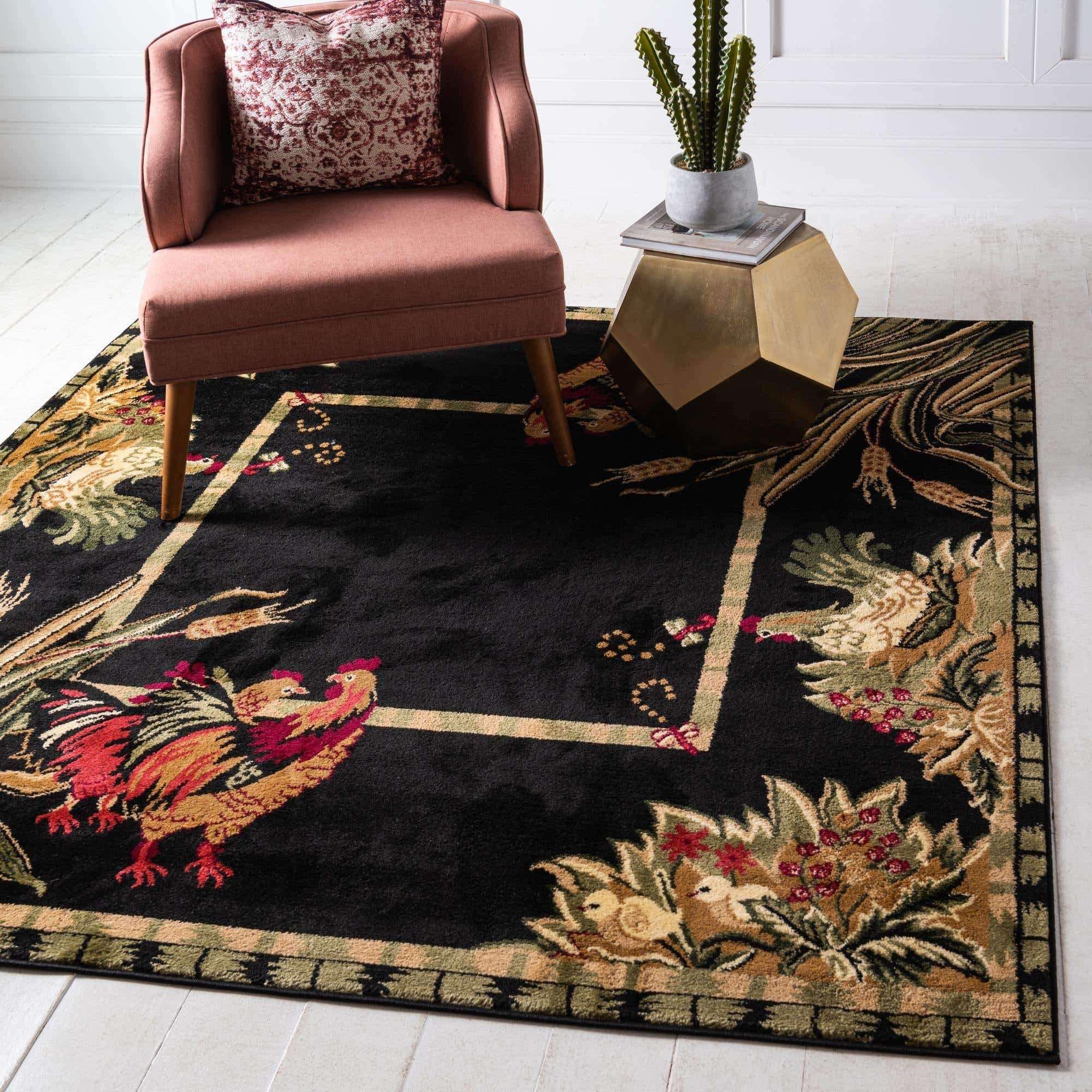 Unique Loom Barnyard Collection Area Rug - Farm (4' 1" Square, Black/ Cream) 1