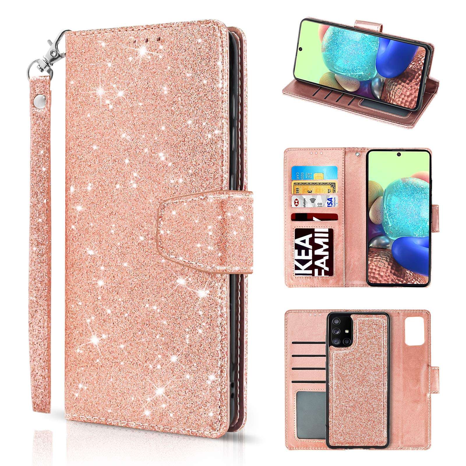 Newseego Compatible with Samsung Galaxy A71 (4G) Leather Case,Glitter Faux PU Leather Magnetic Closure Multi-Credit Card Slot Cash Holder Detachable 2 in 1 Wallet Cover with Wrist Strap-Rose Gold 1