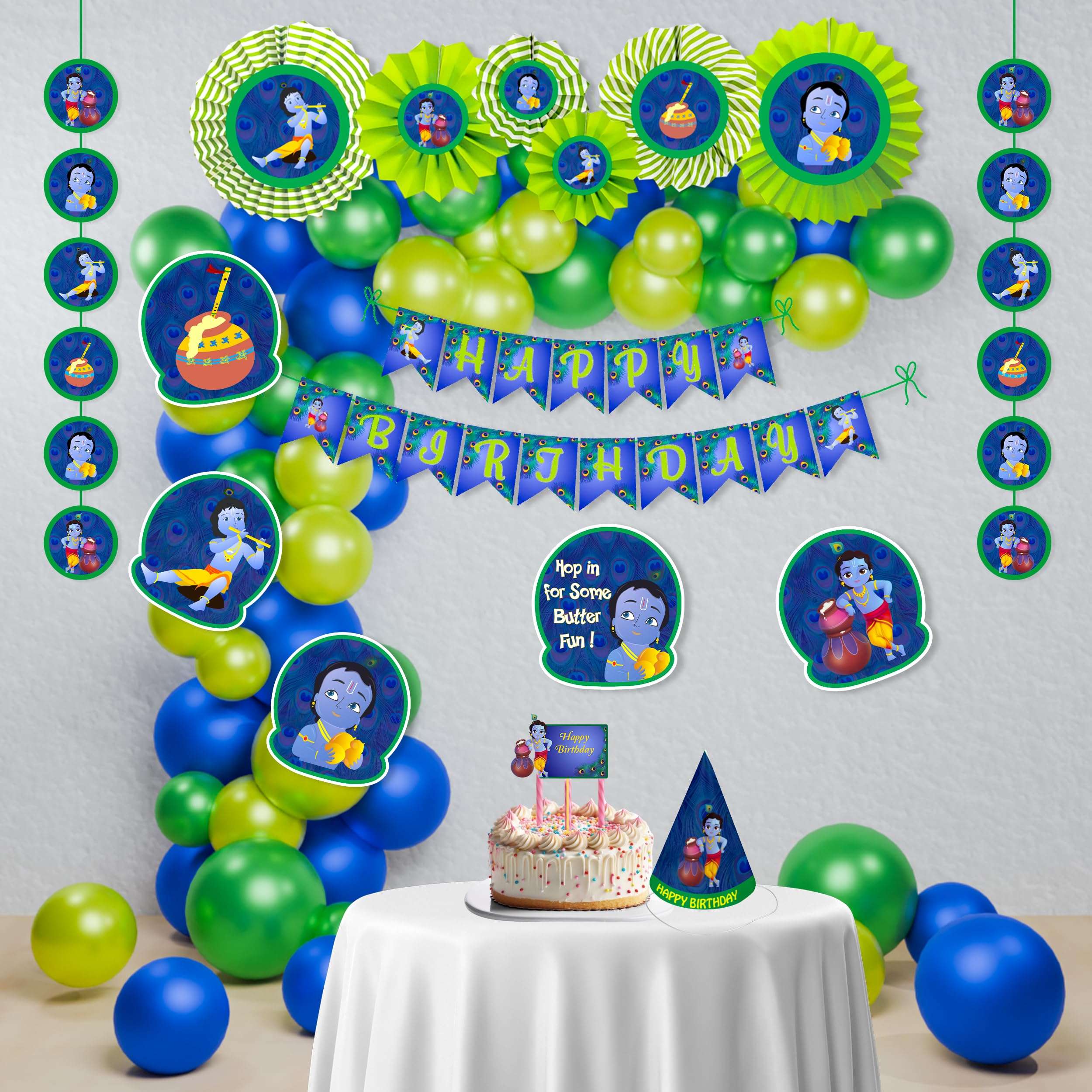 Untumble Krishna Theme Birthday Party Decorations - 56-Piece Set for Baby Boy Janmashtmi, Little Krishna, Jayanthi Decor 1
