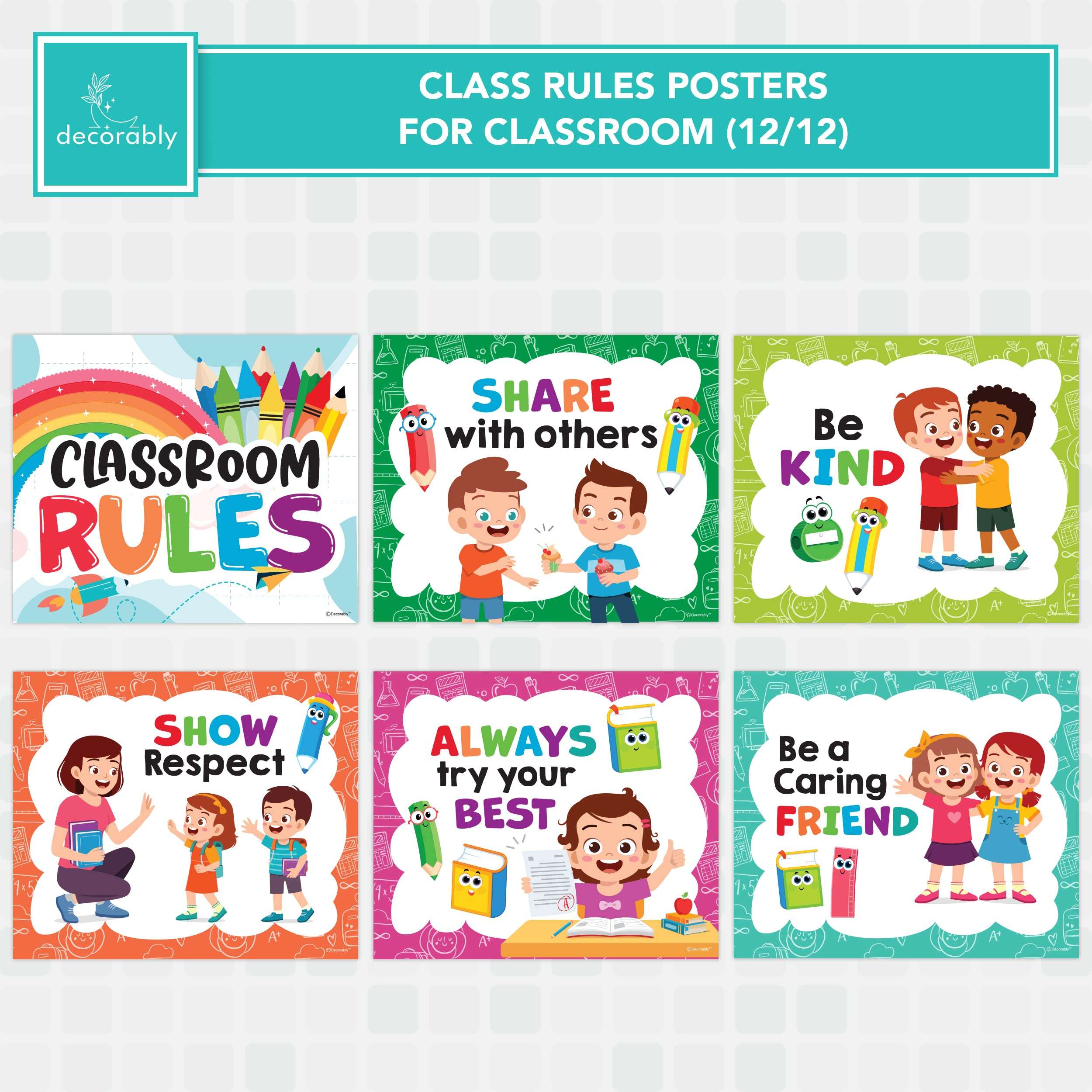 Decorably 12 Hanging Colorful Classroom Rules Poster Set with Accompanying Ribbon, 12x10in Matte-Laminated Inspirational Classroom Rules Elementary Posters 4